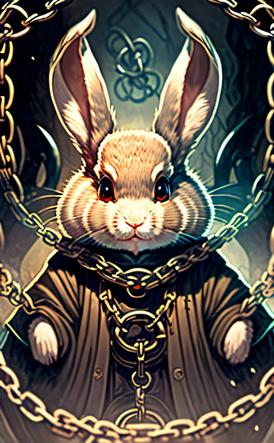 The Devil (悪魔)
"A mischievous rabbit with devil horns and a twisted smile, holding chains that bind smaller rabbits. The setting is a cavernous, eerie underworld."