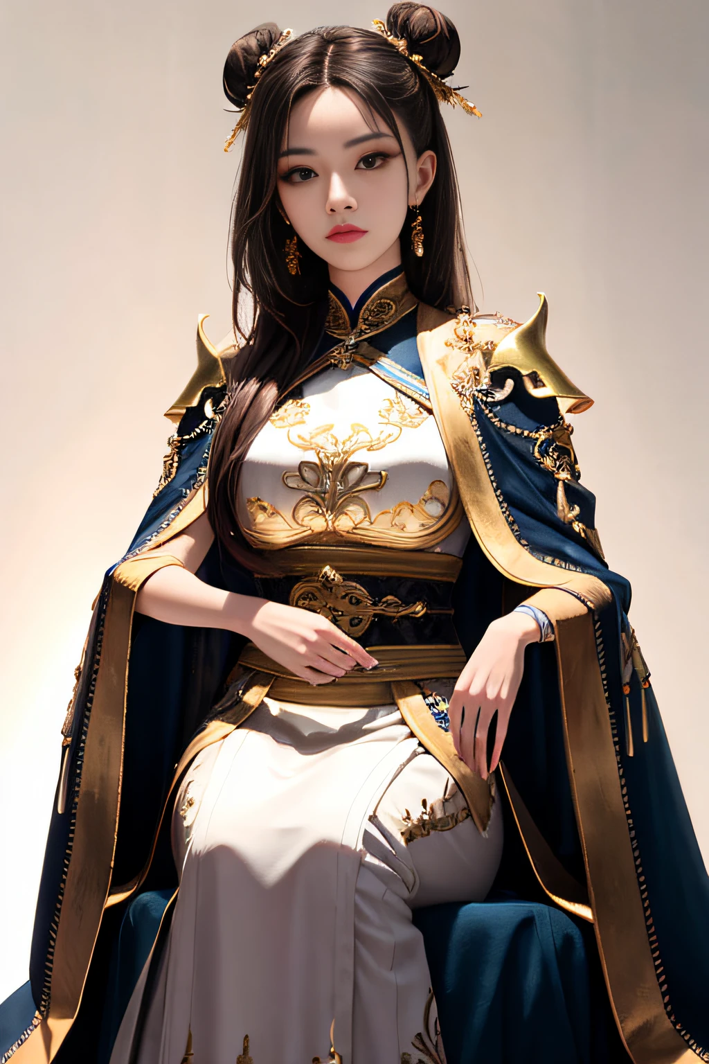 Masterpiece, Best Quality, High Quality, High Definition, High Quality Texture, High Quality Shadows, High Detail, Cinematic Light, Side Lighting, Ray Tracing, Sharp Focus, (1 Girl), (Full Body), (Xiuxian World), Chinese Immortals, (Ancient Chinese Long Dress, Embroidered Cloak, Streamers, Tulle, Tassels, Gold Filigree, Beaded, Pleated Skirt), Brunette Hairpin, Coiled Hair, Bun, Light Pink Lips, Calm, Intellectual, Brown Eyes, (Delicate Face), Realistic, Edge Light, Two-tone Light, (High Detail Skin: 1.2), 8K UHD, DSLR, soft light, high quality, high resolution,