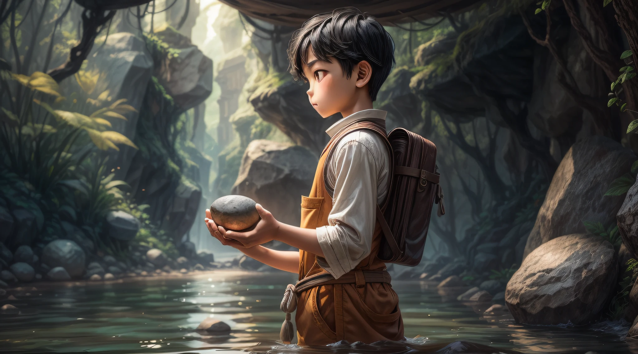 bring this scene to life with oriental Zen twist in the overall aesthetic: A young black-haired explorer boy holding a large stone in his hands and a merchant chatting on the edge of a river, ultra detailed, perfect skin and hands