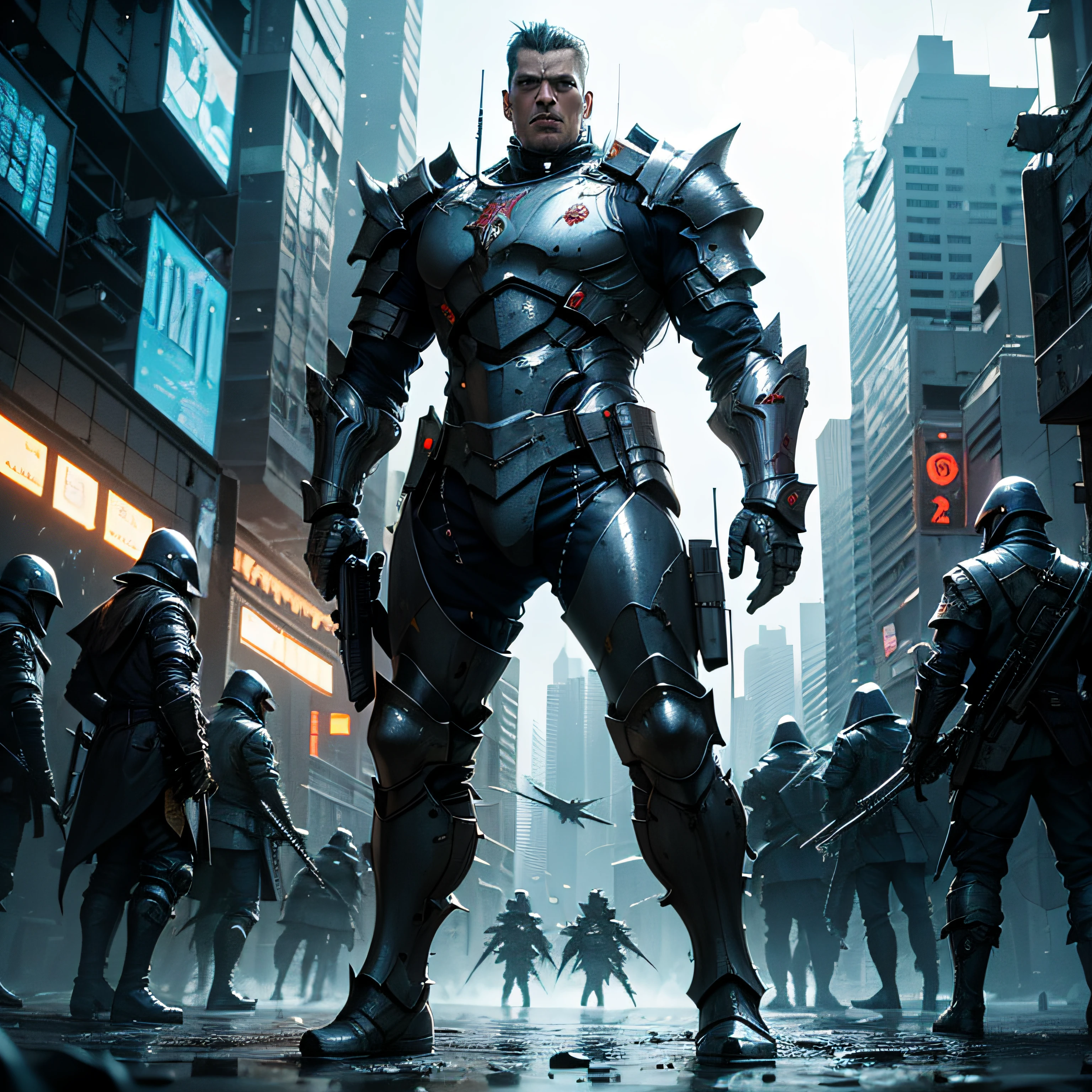 The best picture quality masterpiece handsome guy cyberpunk handsome guy equipped with battle armor stands in the middle of the battlefield armed --auto
