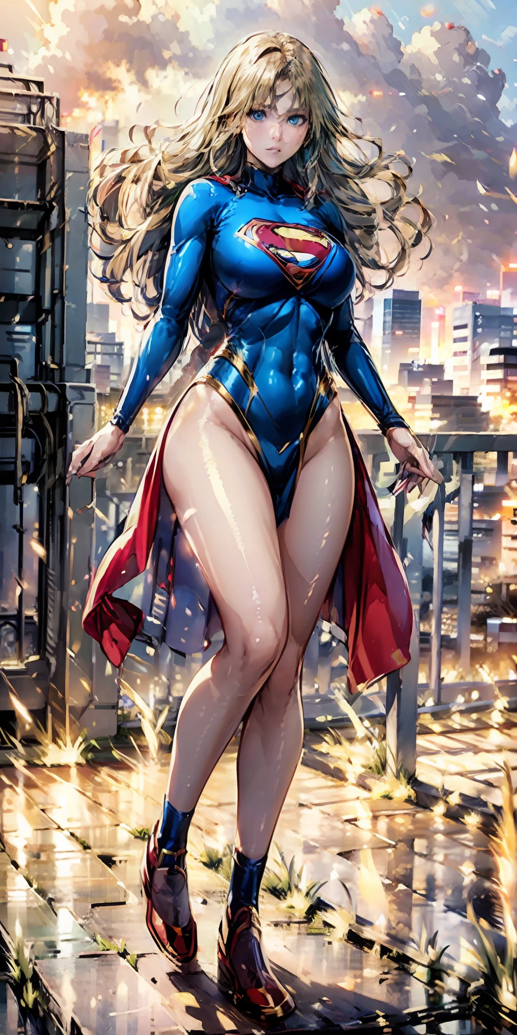 ((best quality, masterpiece, nonsense)),supergirl(dc comics),1girl:1.9, sexy, attractive Japanese woman, ( 18 years old, expressive blue eyes, shoulder-length blonde hair, long hair,loose and voluminous hair, huge bust proportional to body) wearing tube dress supergirl cosplay ,terrace of 1 building