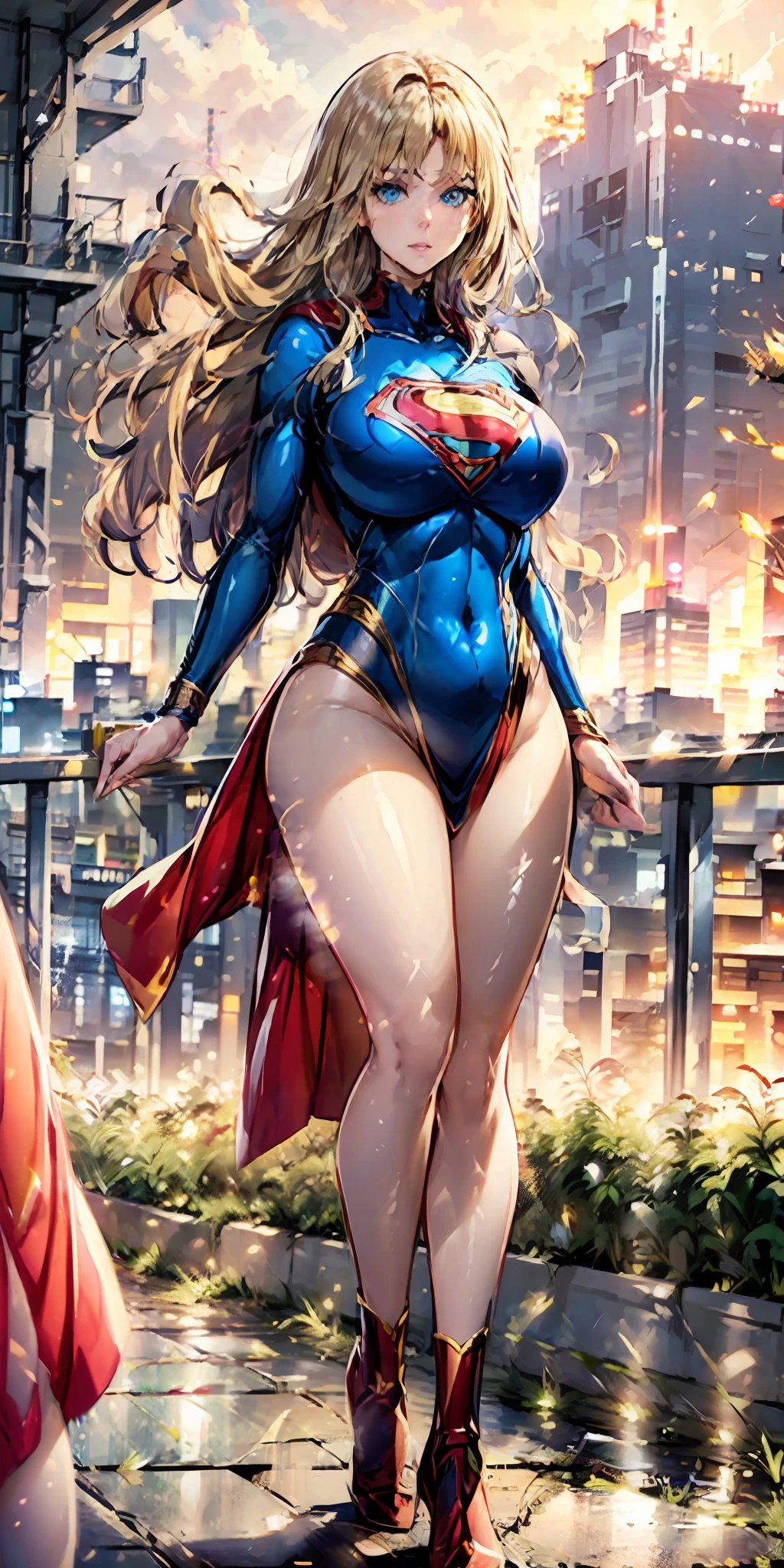 ((best quality, masterpiece, nonsense)),supergirl(dc comics),1girl:1.9, sexy, attractive Japanese woman, ( 18 years old, expressive blue eyes, shoulder-length blonde hair, long hair,loose and voluminous hair, huge bust proportional to body) wearing tube dress supergirl cosplay ,terrace of 1 building