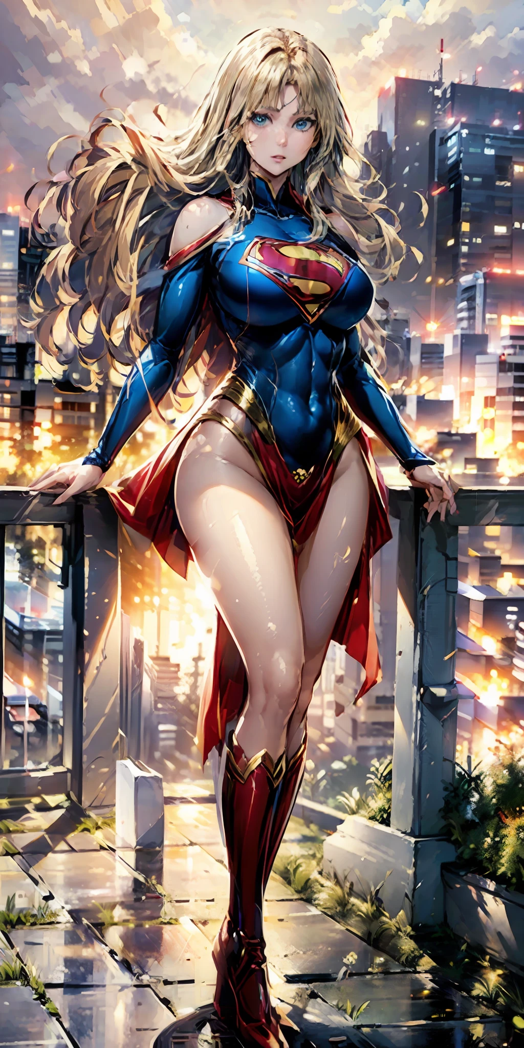 ((best quality, masterpiece, nonsense)),supergirl(dc comics),1girl:1.9, sexy, attractive Japanese woman, ( 18 years old, expressive blue eyes, shoulder-length blonde hair, long hair,loose and voluminous hair, huge bust proportional to body) wearing tube dress supergirl cosplay ,terrace of 1 building