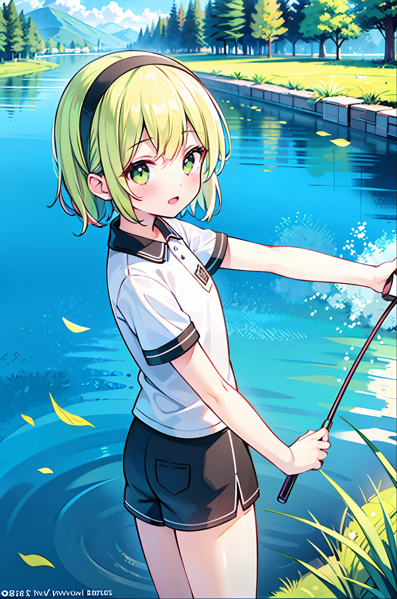 Top quality, super high definition, 16 year old girl 1 person, short hair, blonde, hair band, light green eyes, small, polo shirt, shorts, outdoors, morning, river, fishing,