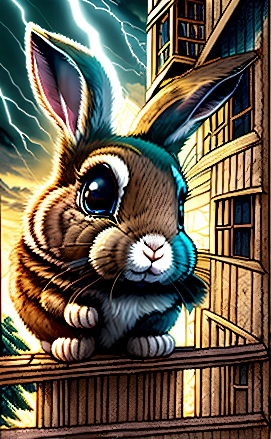 The Tower (塔)
"A rabbit leaps from a high window of an imposing tower struck by lightning, escaping the sudden chaos and destruction. Fear and determination are etched in its face as the tower crumbles in the eerie light."