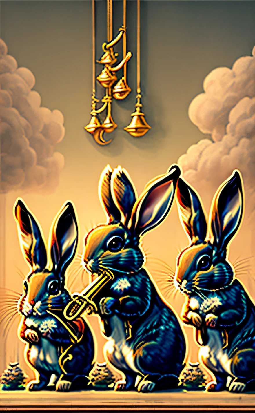 Judgement (審判)
"A rabbit with a trumpet, amidst other rabbits rising from the ground, as if being called to judgement. The atmosphere is haunting and filled with anticipation."