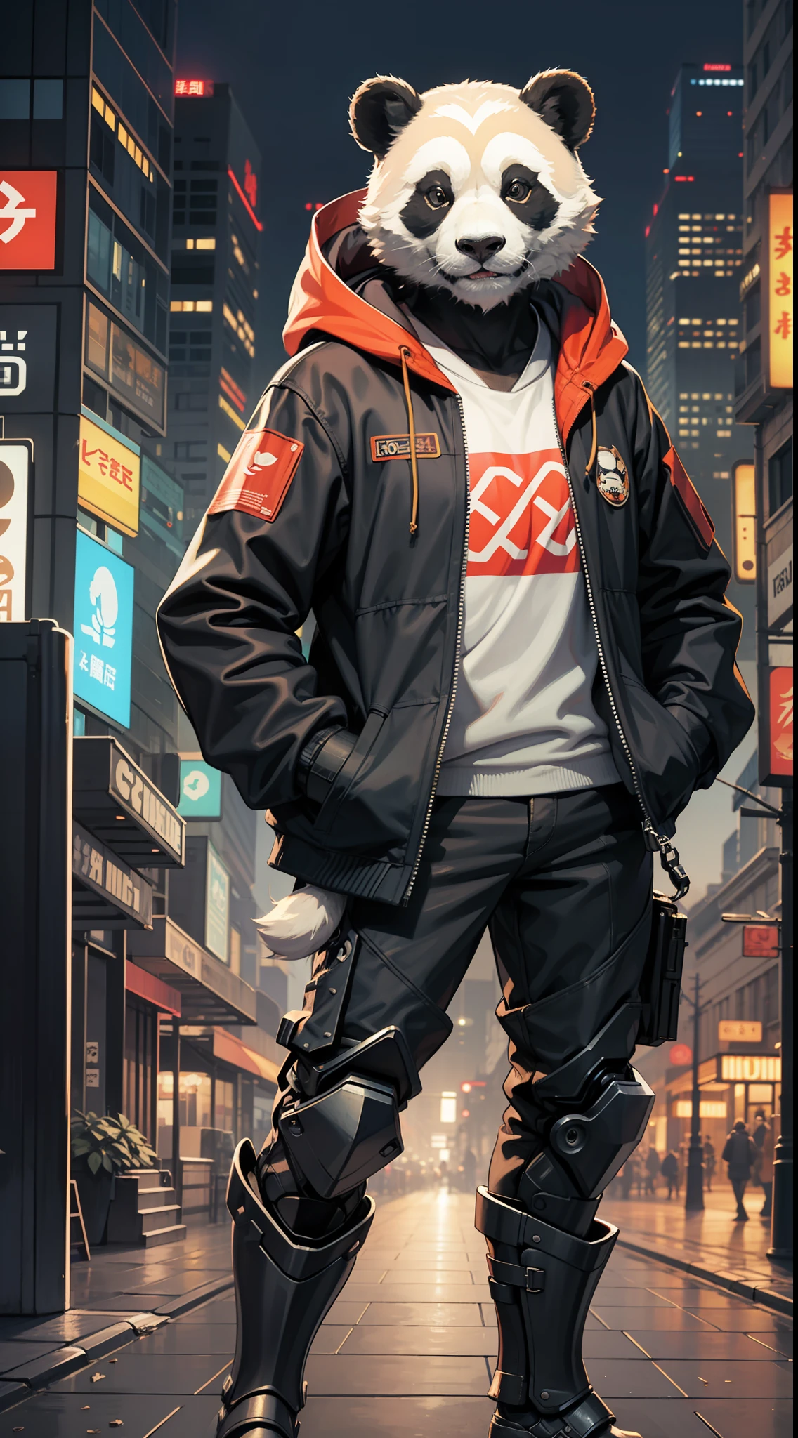 a cyborg chinese (panda:1.1), furry, kemono, anthro, solo, standing, hands in pockets, mechanical boots, mechanical arms, mechanical parts, hoodie, proud, looking afar, detailed face, detailed eyes, rooftop, city below, city lights, BREAK, illustration, cyberpunk, science fiction, (masterpiece, best quality:1.1), intricate details, volumetric lighting, night, by zackary911, by garouzuki,