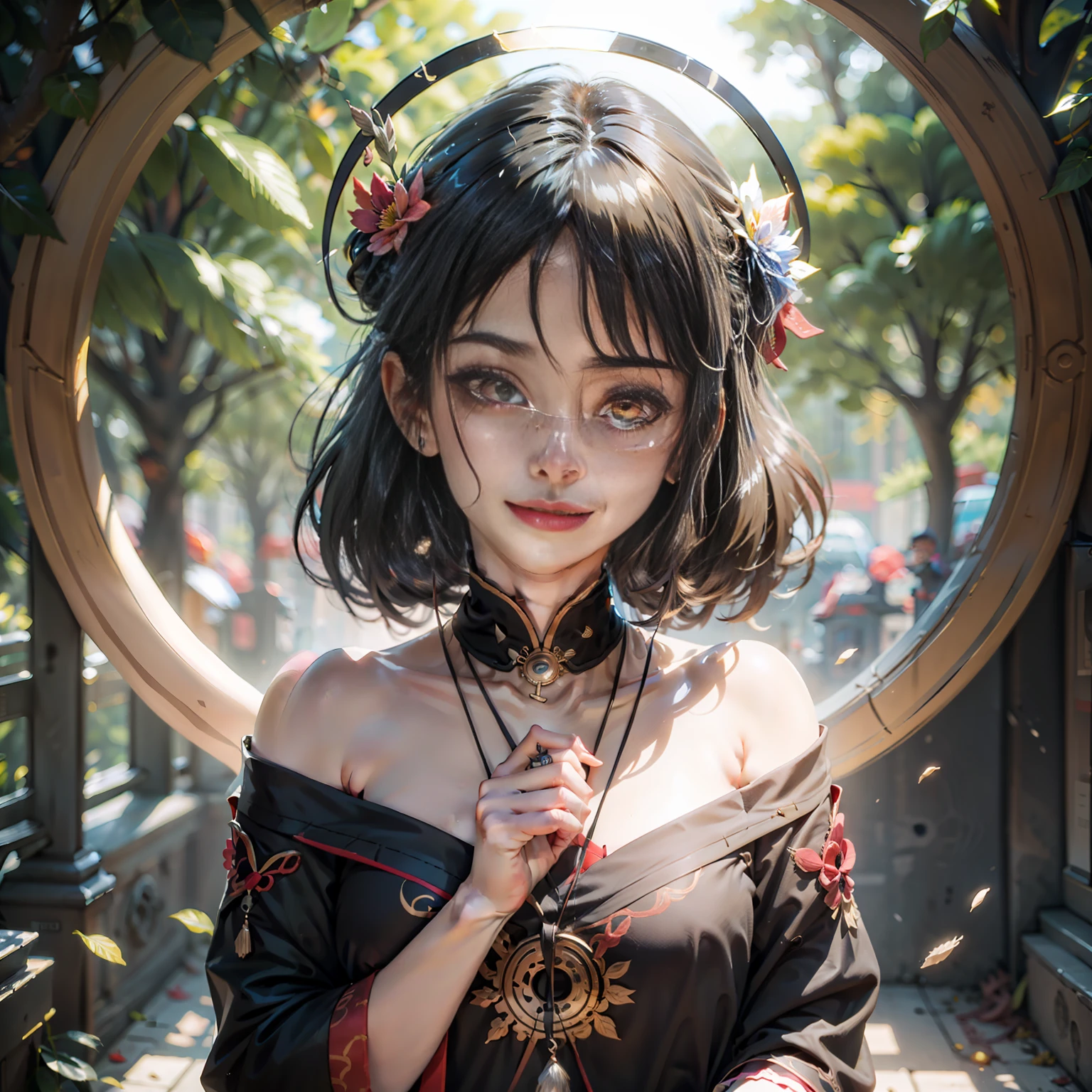 black hair, hair bobbles, wince, longeyelashes, solid circle eyes, light smile, ear blush, halo, jeweled branch of hourai, Surrealism, drop shadow, anaglyph, stereogram, tachi-e, atmospheric perspective, full body, 8k, super detail, ccurate, best quality