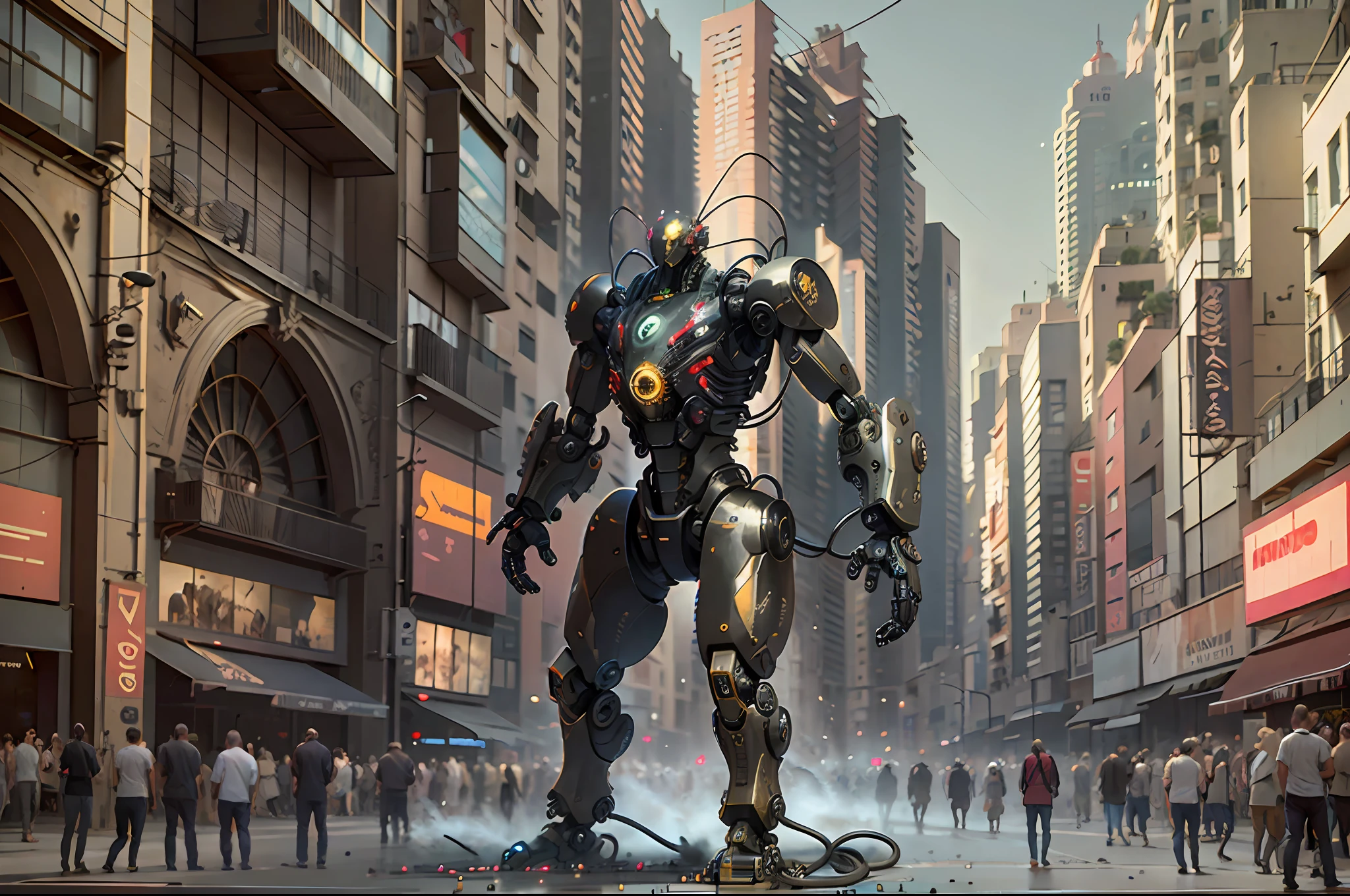 An full body conceptual vintage lomography of a humanoid robot, an incredible intricate cybernetic organism in the middle of a crowded square full of people admiring it. This cyborg has riveted bolts in its neck, cables coming in and out of its skin. It is made from meat and liquid chrome and it has visible working grinds in his chest, The square is in Barcelona, Spain and the year is 1976  people, persons, men, women, animals --auto --s2