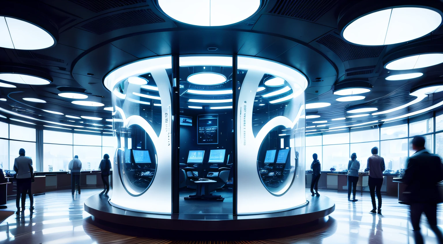 A sense of future technology, Round office, In the middle is a large jar of transparent glass, There are a lot of electronic screens, Cool lighting effects, White sheet metal wall, Futuristic sense of technology, light and shade contrast, cinemaitic lighting, modernistic, ultra-wide angle --auto