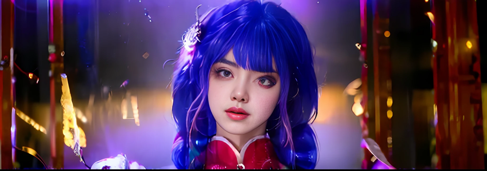 1girl, flat bangs, braids, wide sleeves, hair accessories, kimono, red belt, (purple hair: 1.2), very long hair, straight hair, looking at the audience, highly detailed background, (realism: 1.2), detailed eyes, red eyeshadow, depth of field, symmetrical eyes, (ulzzang- 6500:0.7), (solo: 1.2), (cyberpunk city: 1.1), cleavage, hands on lips