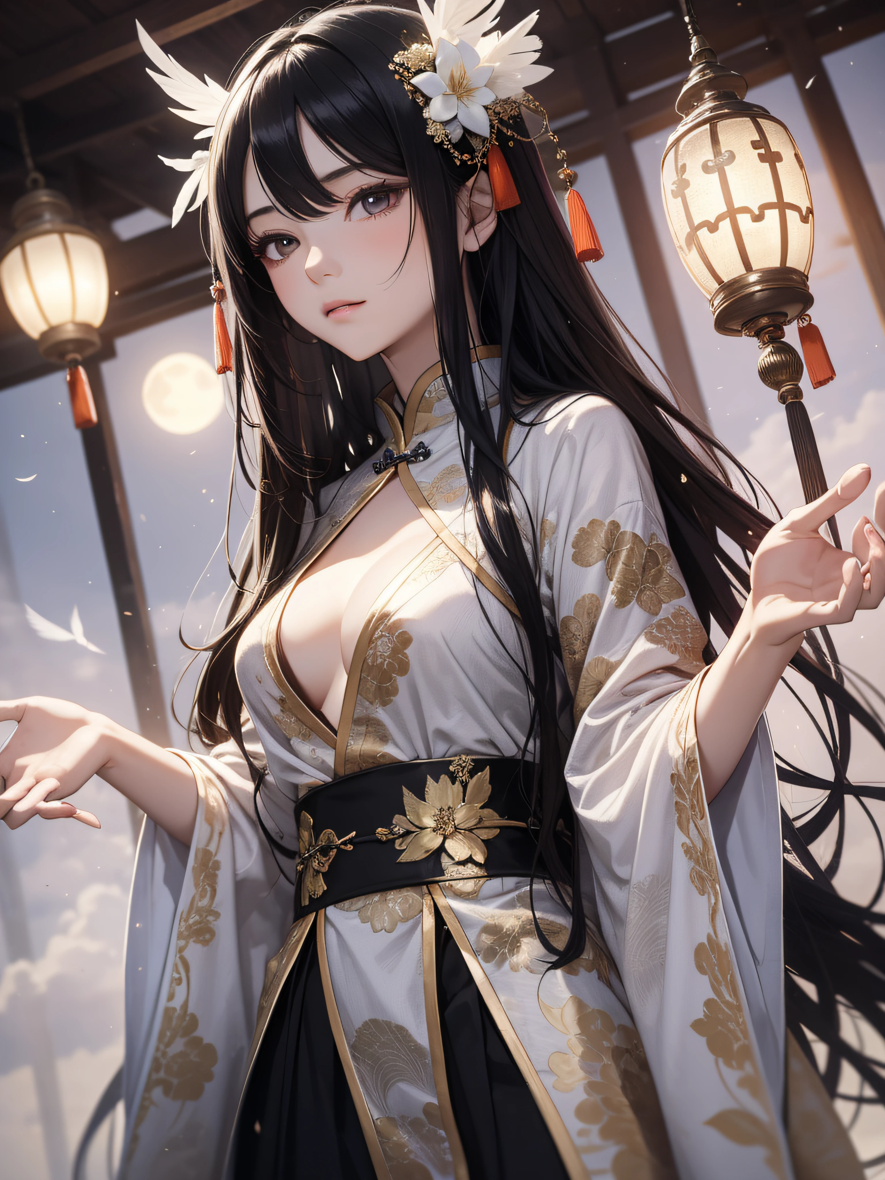 Masterpiece, real, beautiful heavenly woman with ultra-long hair and thin beautiful feather robe in Chinese style black hair descended from heaven on the beach, looking down at the viewer with dim eyes, Chinese style hair ornament, moonlight, divinity in halo, in the evening mist, 18 years old, dull eyes