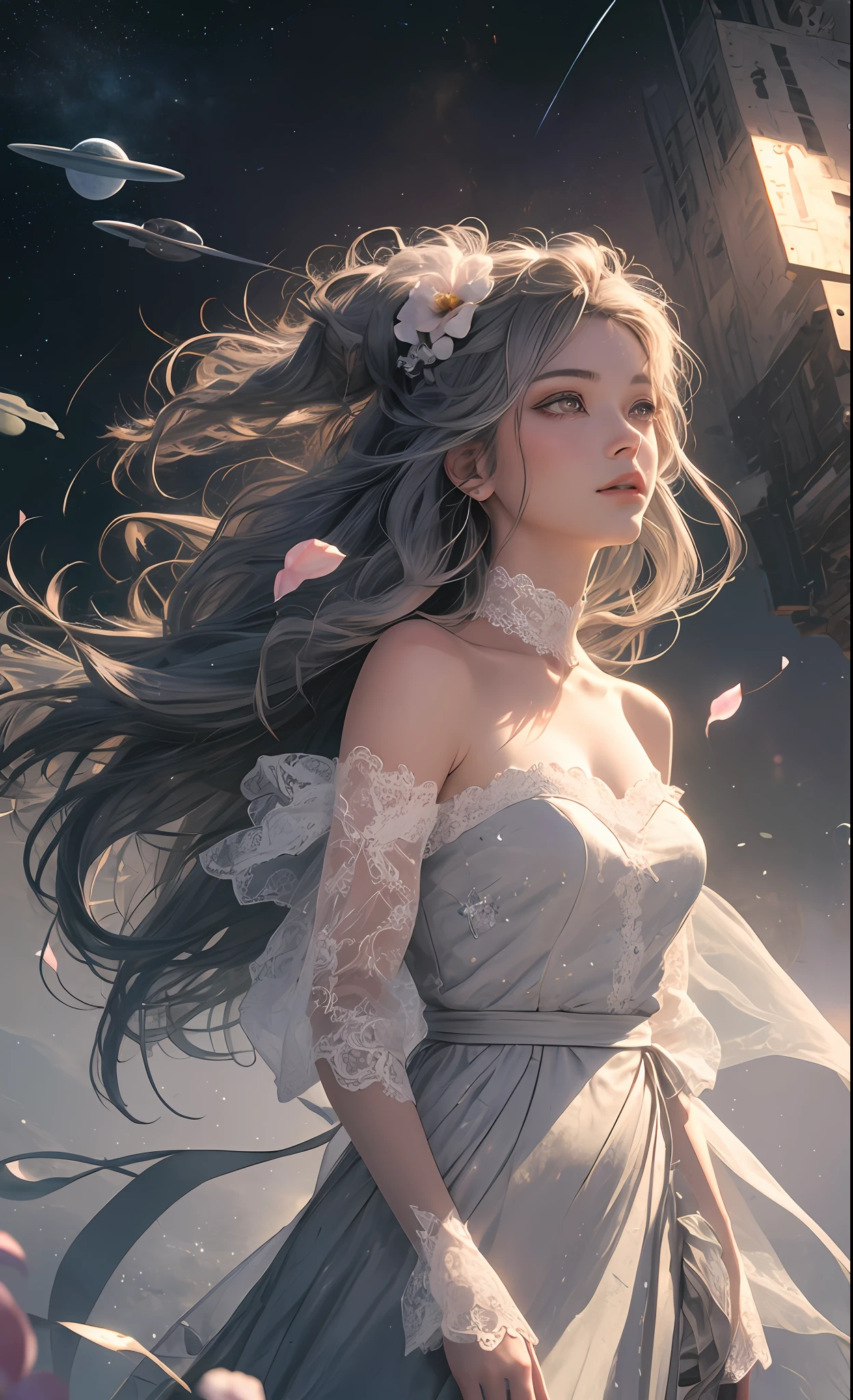 gray hair, disheveled long hair, decadent space, windy, (girl:1.5),lace,ribbon,han cloth,(masterpiece, sidelight, delicate and beautiful gray eyes: 1.2), masterpiece, real, glowing eyes,shiny hair, long long hair, shiny skin, solo, embarrassing,strapless,exquisite,beautiful,castle,flower,flying petals,space-time,end time