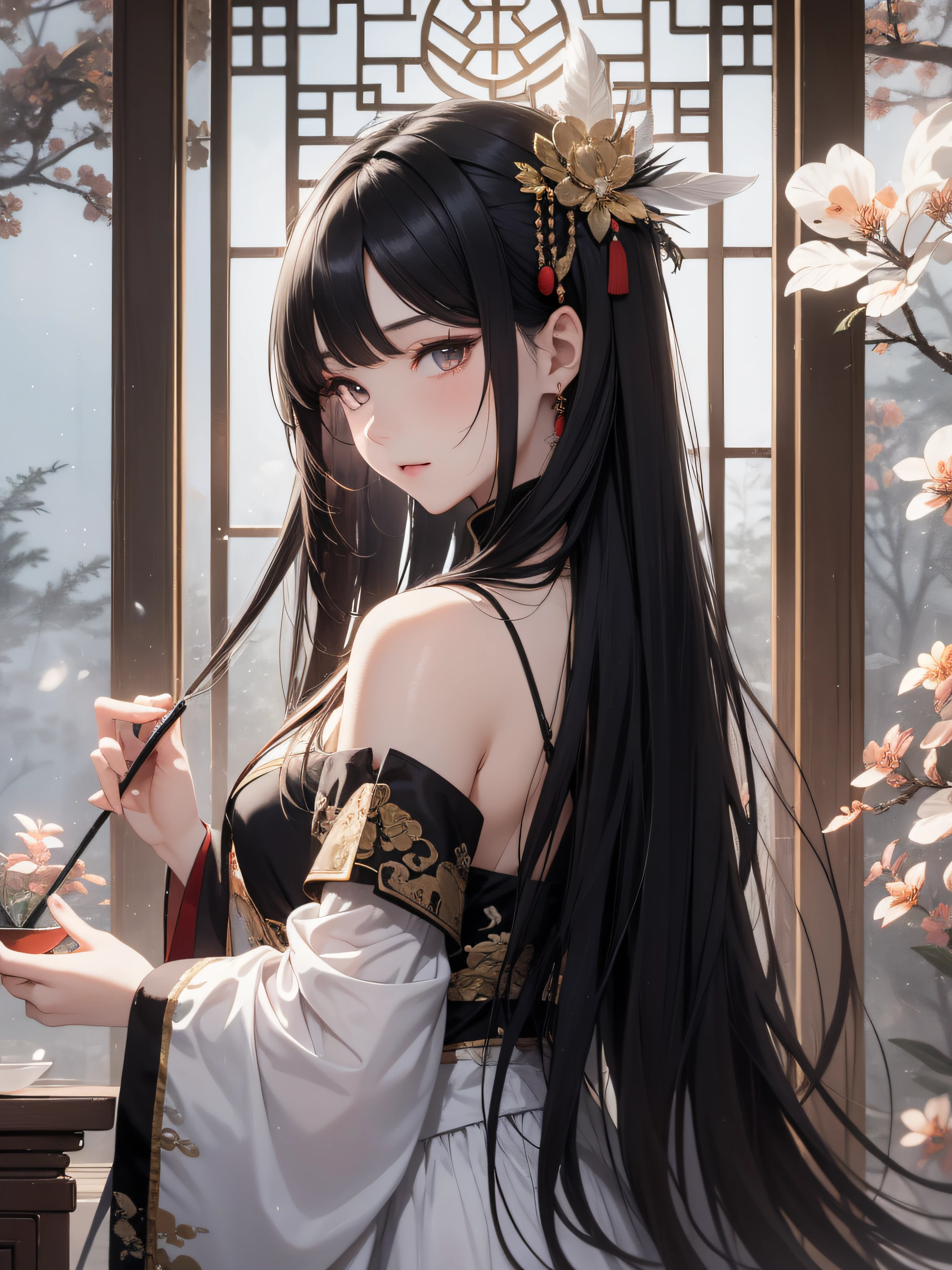 Masterpiece, real, beautiful heavenly woman with ultra-long hair and thin beautiful feather robe in Chinese style black hair descended from heaven on the beach, looking down at the viewer with dim eyes, Chinese style hair ornament, moonlight, divinity in halo, in the evening mist, 18 years old, dull eyes