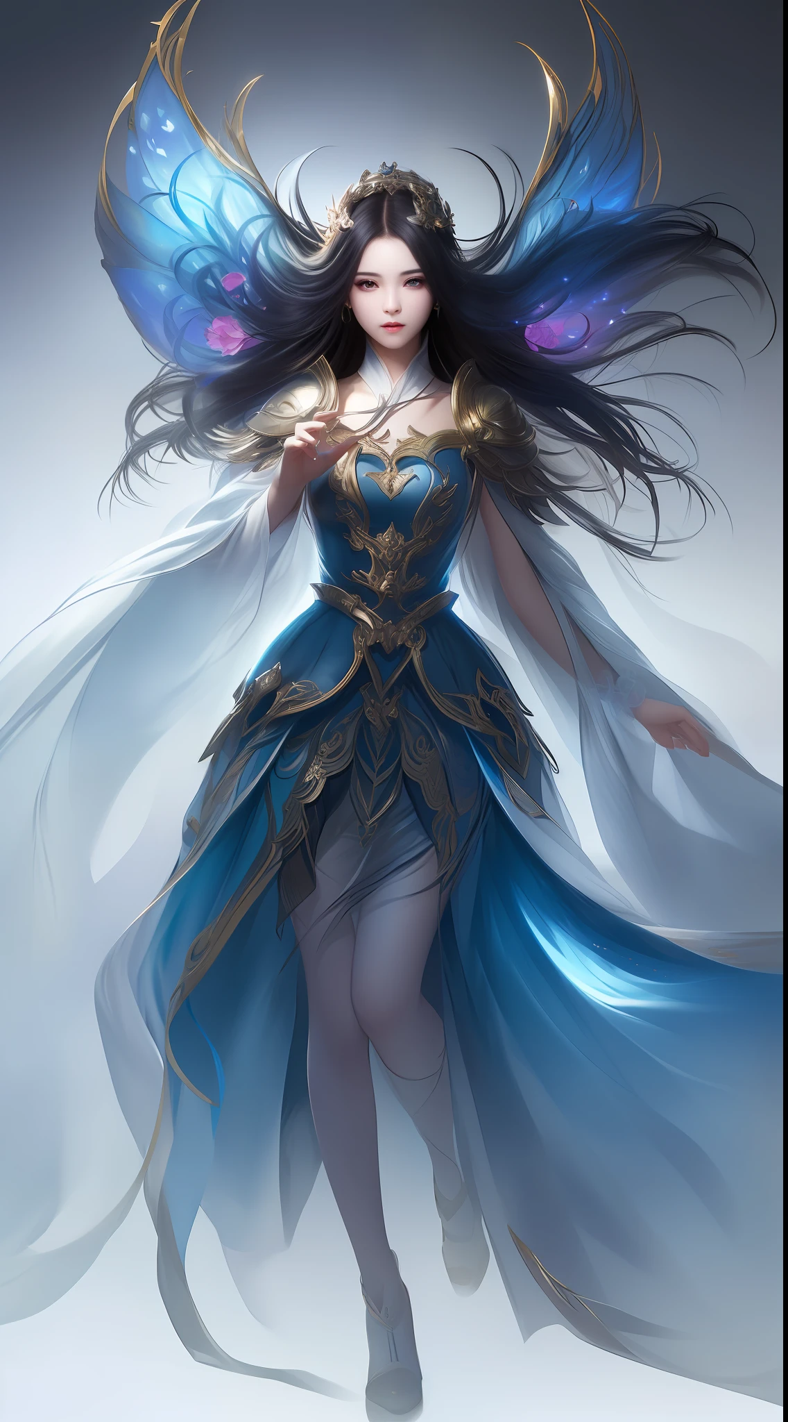 (8k, RAW Photos: 1.2), Best Quality, Illustration, Beautiful Painting, 1 Woman, Beautiful Face, Delicate Skin, Gorgeous Bun, Hair Accessories, Hanfu, Full Body, High Detail, Accent, Color Ink Painting, Splash Color, ((((colorful))), lycoris, sketch, denoising, ink splash, dramatic, cinematic, particle effects, fairy style, white background, super high resolution, best shadow, RAW, (HDR) (wallpaper) (cinematic lighting) (sharp focus), masterpiece, (Very detailed CG unified 8k wallpaper)