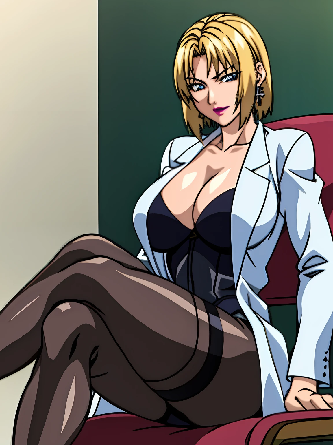 anime_still, masterpiece, best quality, 1girl,Hiroko Takashiro , Kitami Reika, sitting on chair, crossed legs, mature female,Large Breasts, cleavage, curvy, 40 yo,blonde hair, short hair, lipstick, makeup, black eyeshadow, smokey eyes, blue eyes, jewelry, cross earrings, black corset mini dress, white labcoat, black thighhigns,pump shoes, stockings doctors office