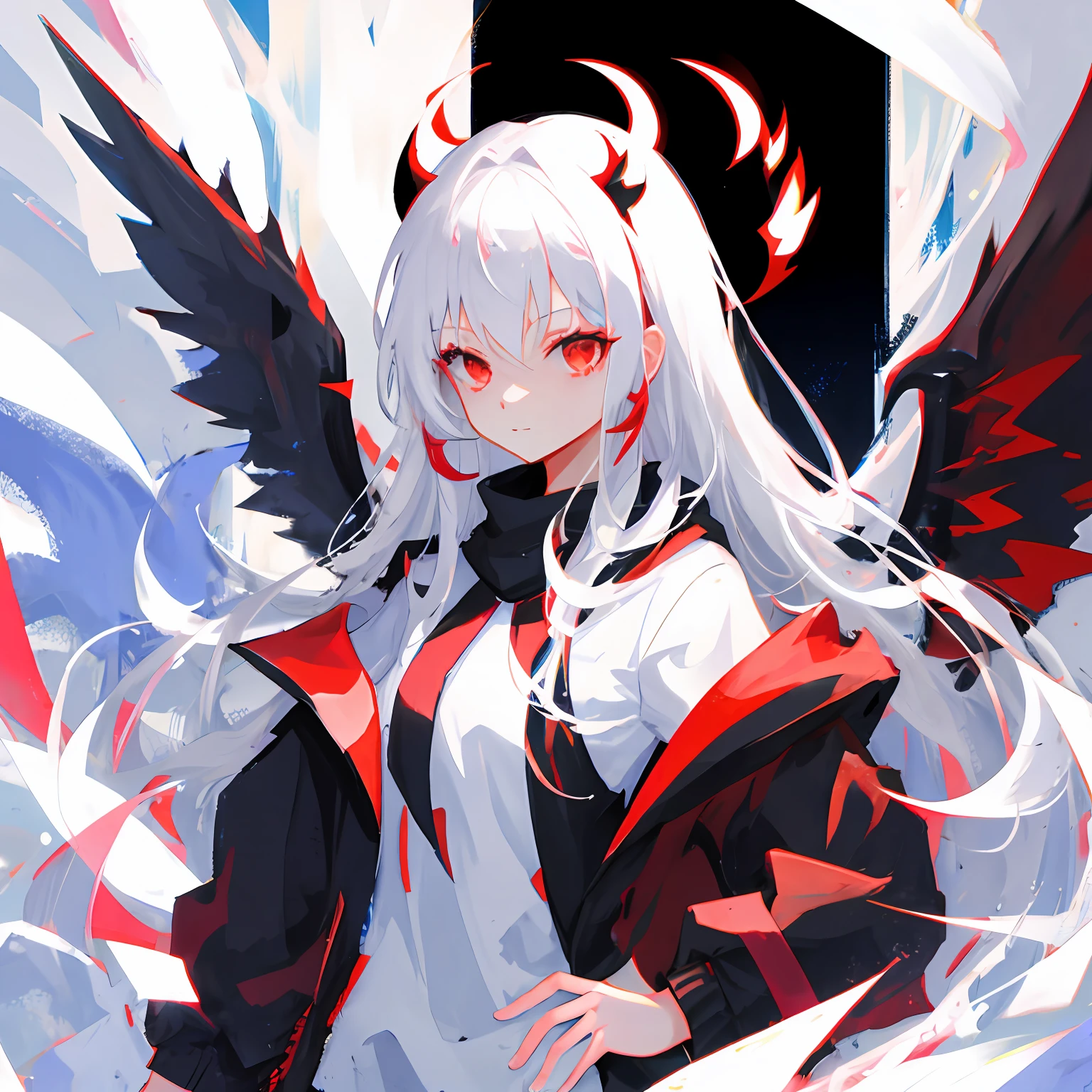 Cute loli girl with long white hair and red eyes with demon wings