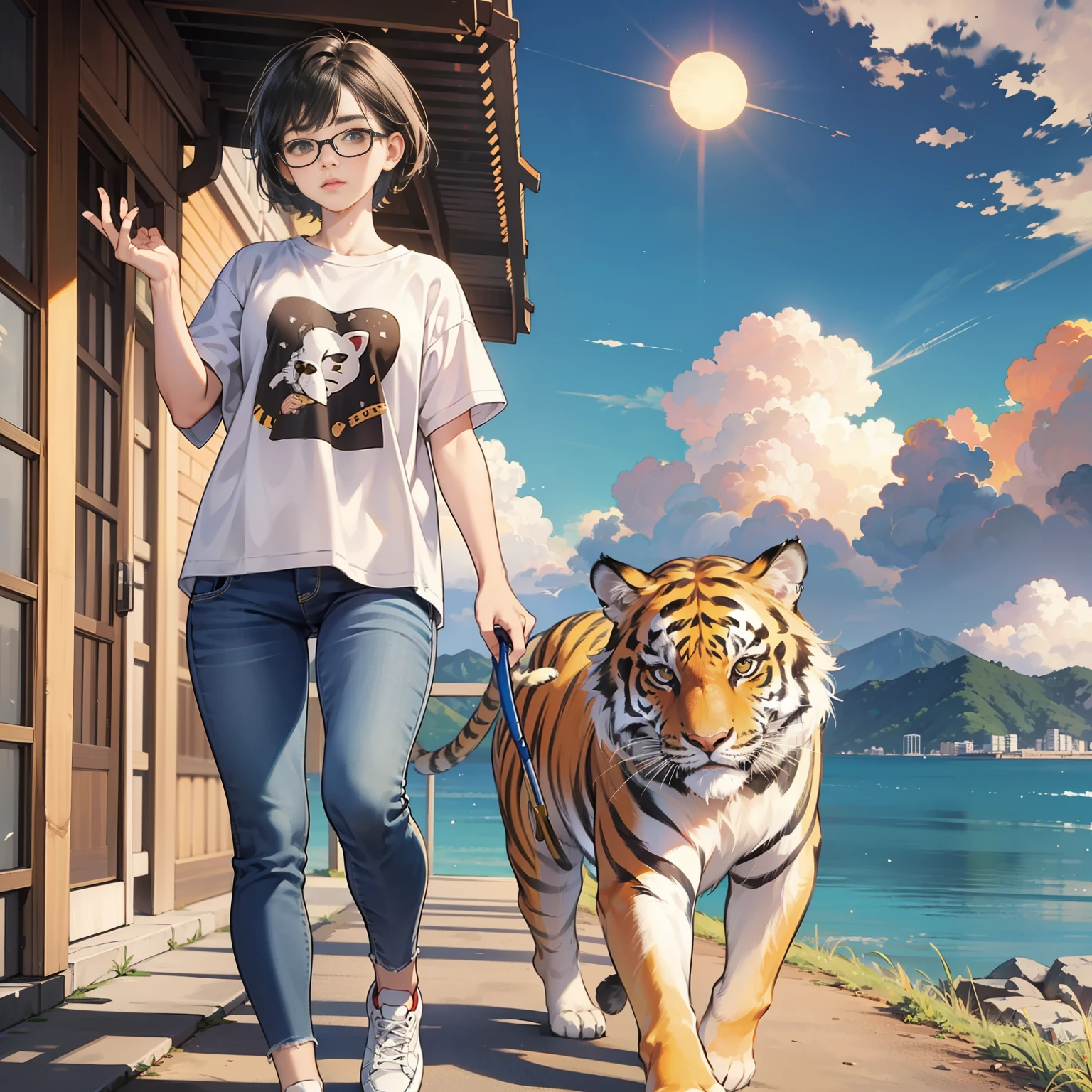 1 woman and 1 tiger, {{{Giant tiger},walking, {{{Short hair}}, clouds, overcast sky, outdoors, journey, sky,dusk,pleasant breeze,hilltop, planet,kagawa, seto inland sea,jeans, chest, solo, bangs, {{disheveled hair},{{{thick eyebrows},big nose,look, tiger, big t-shirt,grey, black hair tied back,black-rimmed glasses, full body, small,{{{short stature}}}}, Wide shoulders,{{{Big-headed}}},sun, ochre sneakers, animal, wet, blue jeans,, one hand back, {{{{Walking with a tiger}, {{Giant tiger}}}, dynamic placement, dynamic angle, 8k, {{{Masterpiece}}},