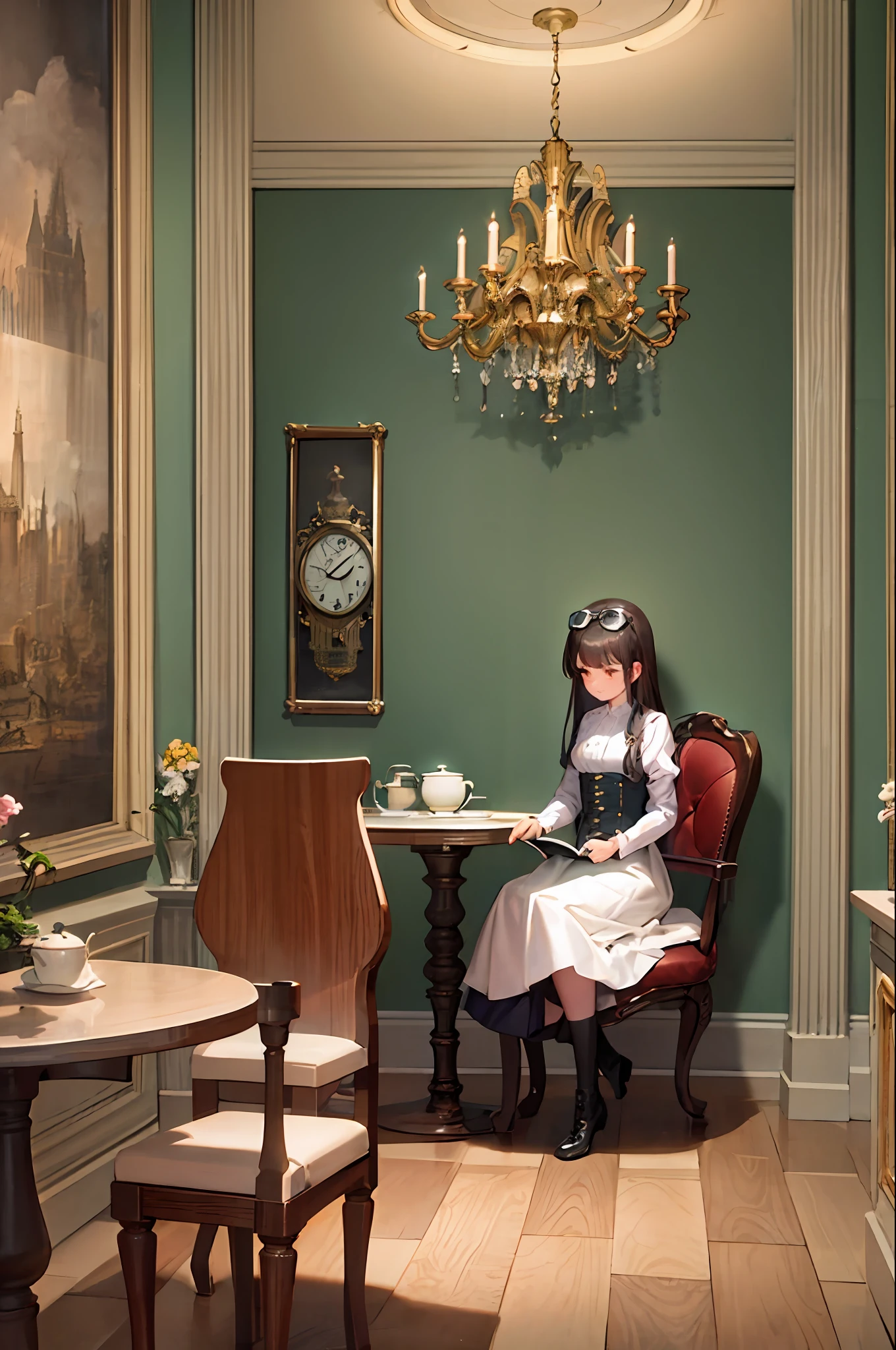 (8k, RAW photo, best quality, ultra detailed CG unity 8k wallpaper,masterpiece:1.2), a girl, 3d, ultra beautiful detailed eyes, Precise iris depiction,ultra-detailed face,Illustration, 1 girl, indoor, sitting in chair reading a book, daytime, steampunk, clock, café, brown hair, top hat, goggles, corset, long skirt, boots, pocket watch, vintage, antique, brass, metal, gear, machine, clockwork, clock tower, ornate, elegant, classic, sophisticated, sophisticated, calm, meditative, thoughtful, curious, mysterious, enigmatic, cautious, intellectual, booklike, coffee, cake, pastry, teapot, cup, saucer, table, chair, wallpaper, chandelier, window, sunlight, shadow, contrast, perspective, depth, texture, detail, realism, impressionism, expressionism, abstraction, surrealism, innovative, experimental, unique, atmosphere, atmosphere, mood, nostalgia, history, cultural, technical, industrial, fantasy, imagination, creativity, artistry, craftsmanship, skill, precision, detail, composition, balance, harmony, rhythm, color, light, shadow, reflection, refraction, tone, contrast, foreground, middle, background, vanishing point, horizon, focus, naturalistic, figurative, expressive, ultra-detailed beautiful background drawn by professional illustrator, background with a sense of perspective。