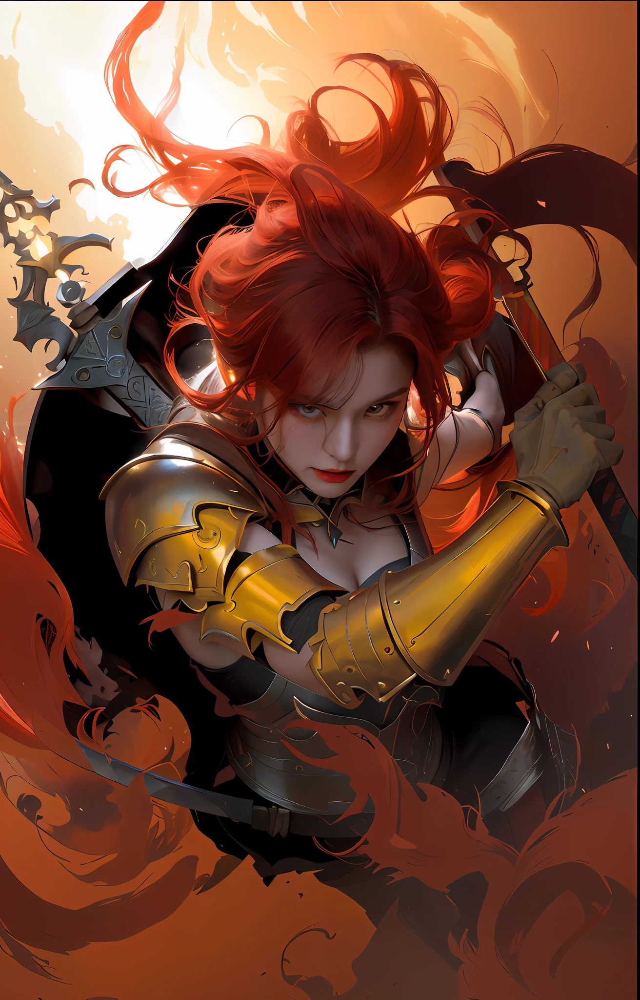 Painting a red-haired woman holding a sword and sword, red-haired queen in heavy red armor, Krentzkusart, female red-haired Templar, Magali Villeneuve, red-haired goddess, art germ Liu, WLOP and Krenzkusart, Valentina Remenar, Stanley Ateg Liu, graphic artist Magaly Villeneuve, Valkyrie, Elden Law Ring, metal right hand arm: 1.2, golden right hand arm: 1.2, (gold arm: 1.2), (shiny arm: 1.5), (Tight Muscle: 1.2), (Muscle Contour: 1.2), Upper Body, Looking Up, Head-Up Camera View, Wide Angle Lens, Swooping, Messy Hair, (Scattered Hair: 1.2), Very Long Hair, (Hair Floating in the Air: 1.5), (Without Armor: 1.2), White Pupil, No Pupil, White Pupil, Halo, Glow