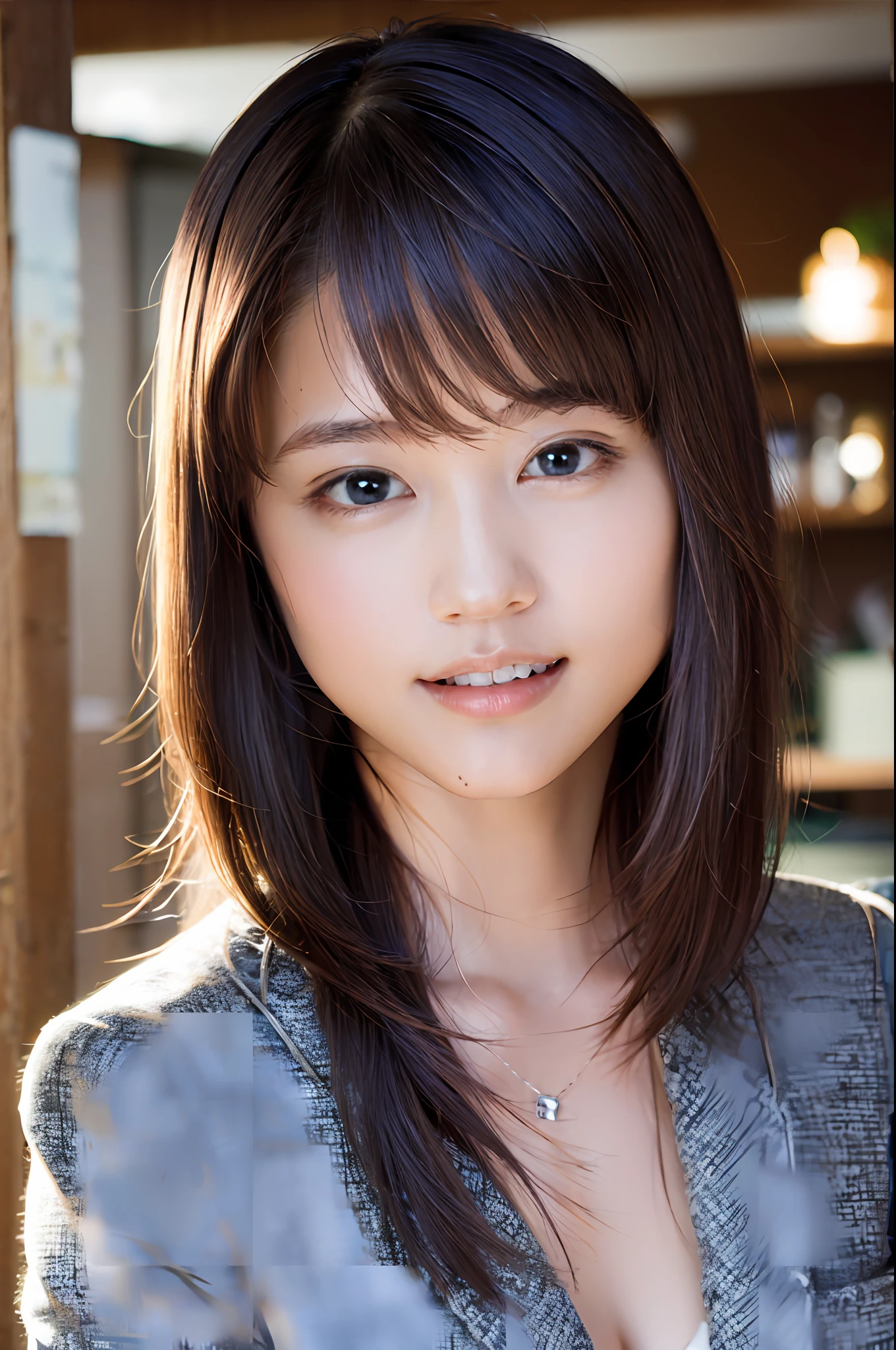 (8k, RAW photo, top quality, masterpiece: 1.2), (realistic, photorealistic: 1.37), ultra detail, ultra high resolution, girl one, beholder, beautiful detailed face, smile, teeth, (feather cut: 0.6), blazer, panties, professional lighting, detailed room, indoors, face close-up photo