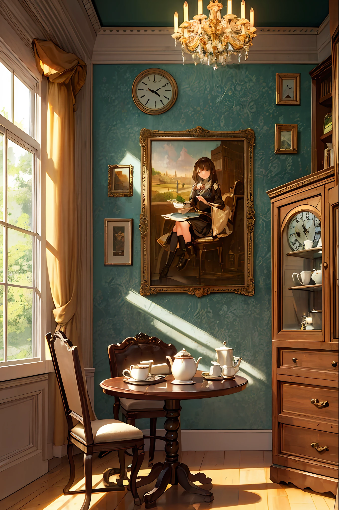 (8k, RAW photo, best quality, ultra detailed CG unity 8k wallpaper,masterpiece:1.2), a girl, 3d, ultra beautiful detailed eyes, Precise iris depiction,ultra-detailed face,
masterpiece, top quality, super detail, illustration, girl single, indoor, daytime, steampunk, clock, café, brown hair, top hat, goggles, corset, long skirt, boots, pocket watch, vintage, antique, brass, metallic, gear, machine, clockwork, clock tower, ornate, elegant, classic, sophisticated, sophisticated, calm, meditative, thoughtful, curious, mysterious, enigmatic, cautious, intellectual, booklike, coffee, cake, pastry, teapot, cup, saucer, table, chair, wallpaper, chandelier, window, sunlight, shadow, contrast, perspective, depth, texture, detail, realism, impressionism, expressionism, abstraction, surrealism, innovative, experimental, unique, atmosphere, atmosphere, mood, nostalgia, history, culture, technical, industrial, fantasy, imagination, creativity, artistry, craftsmanship, skill, precision, detail, composition, balance, harmony, rhythm, color, light, shadow, reflection, refraction, tone, contrast, foreground, middle, background, vanishing point, horizon, focus, naturalistic, figurative, expressive, ultra-detailed beautiful background drawn by professional illustrator,background with a sense of perspective。