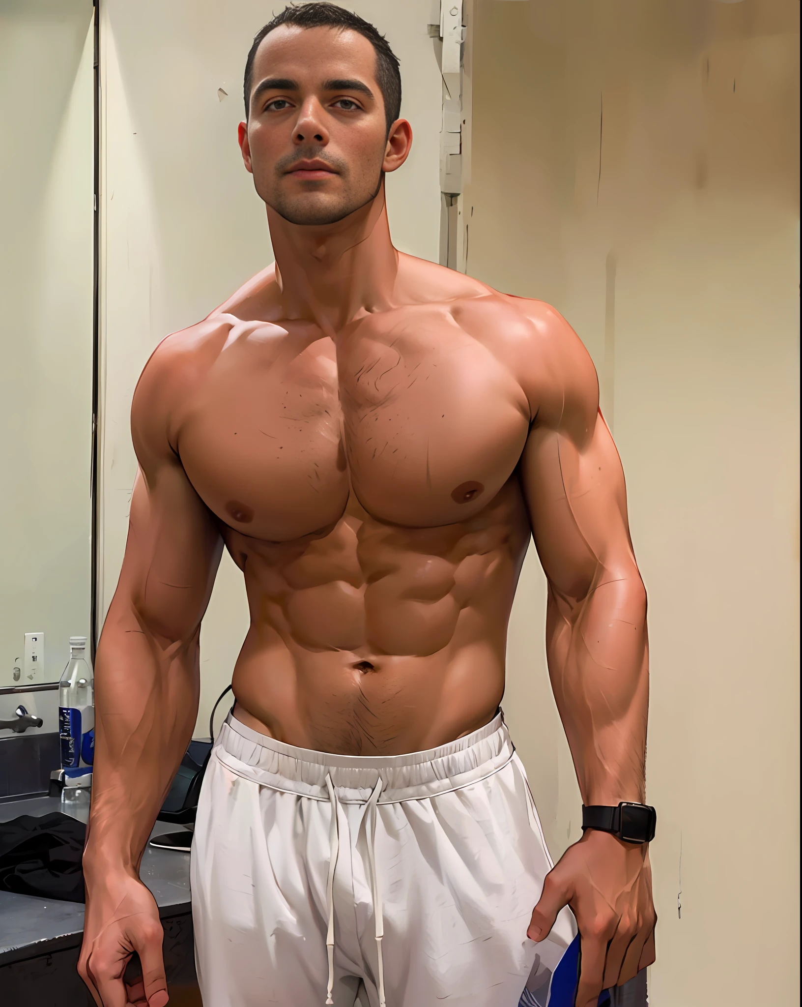 (RAW photo, best quality), (realistic, photo-realistic:1.3), masterpiece, an extremely manly and masculine, extremely detailed, CG, unity , 2k wallpaper, Amazing, finely detail, extremely detailed CG unity 8k wallpaper, huge filesize, ultra-detailed, highres, absurdres, soft light, pietroboselli person, tan skin, detailed fingers, extremely detailed eyes and face, beautiful detailed nose, beautiful detailed eyes, light on face, looking at viewer, (1man, mature face), realistic face, realistic body, underwear, shirtless, big bulge on underwear, big rounded ass
