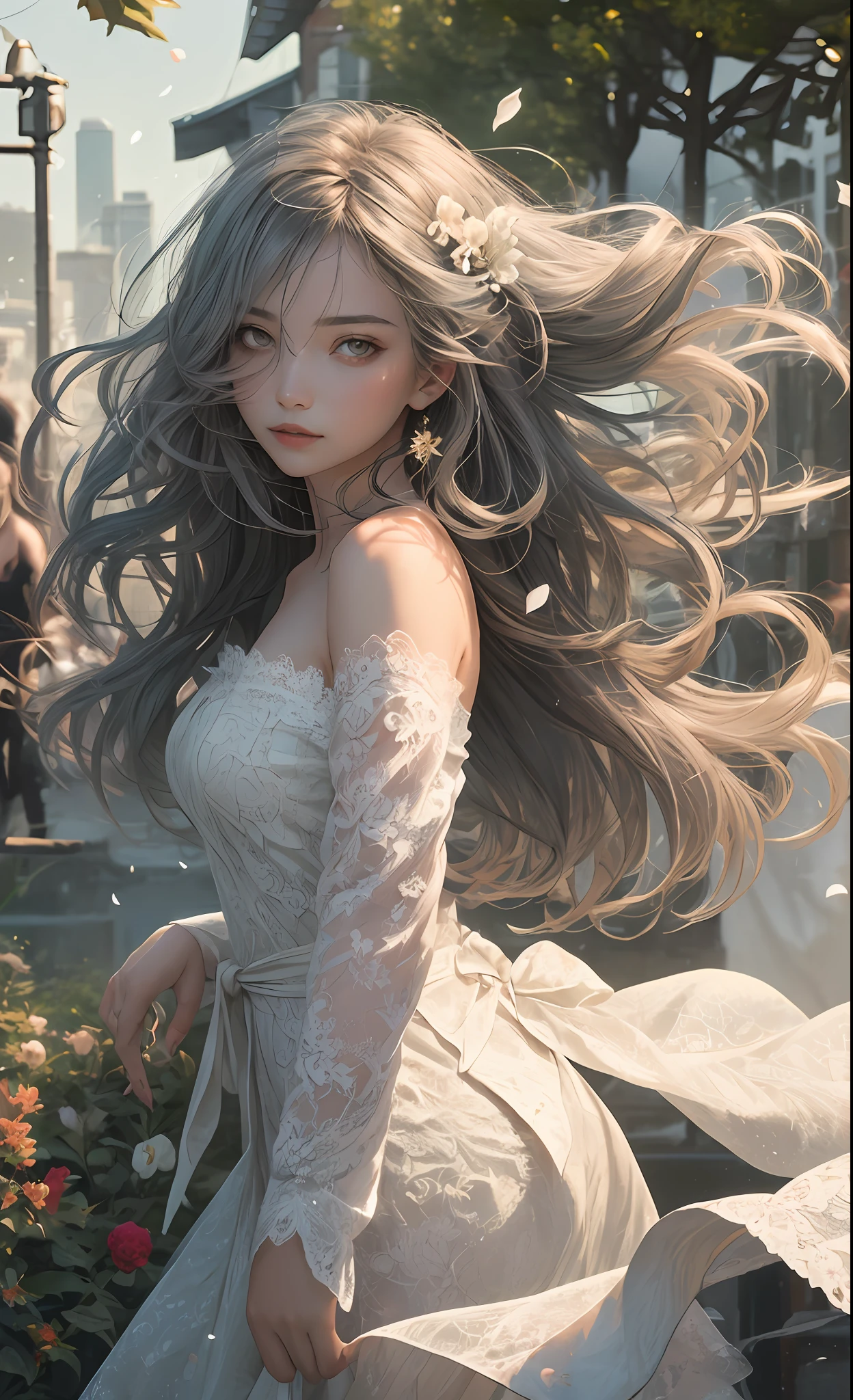 Gray hair, disheveled long hair, windy, (girl:1.5),lace,ribbon,han cloth,(masterpiece, sidelight, delicate beautiful gray eyes: 1.2), masterpiece, real, glowing eyes,shiny hair, long long hair, shiny skin, solo, embarrassing,strapless,exquisite,beautiful,garden,flower,flying petals,