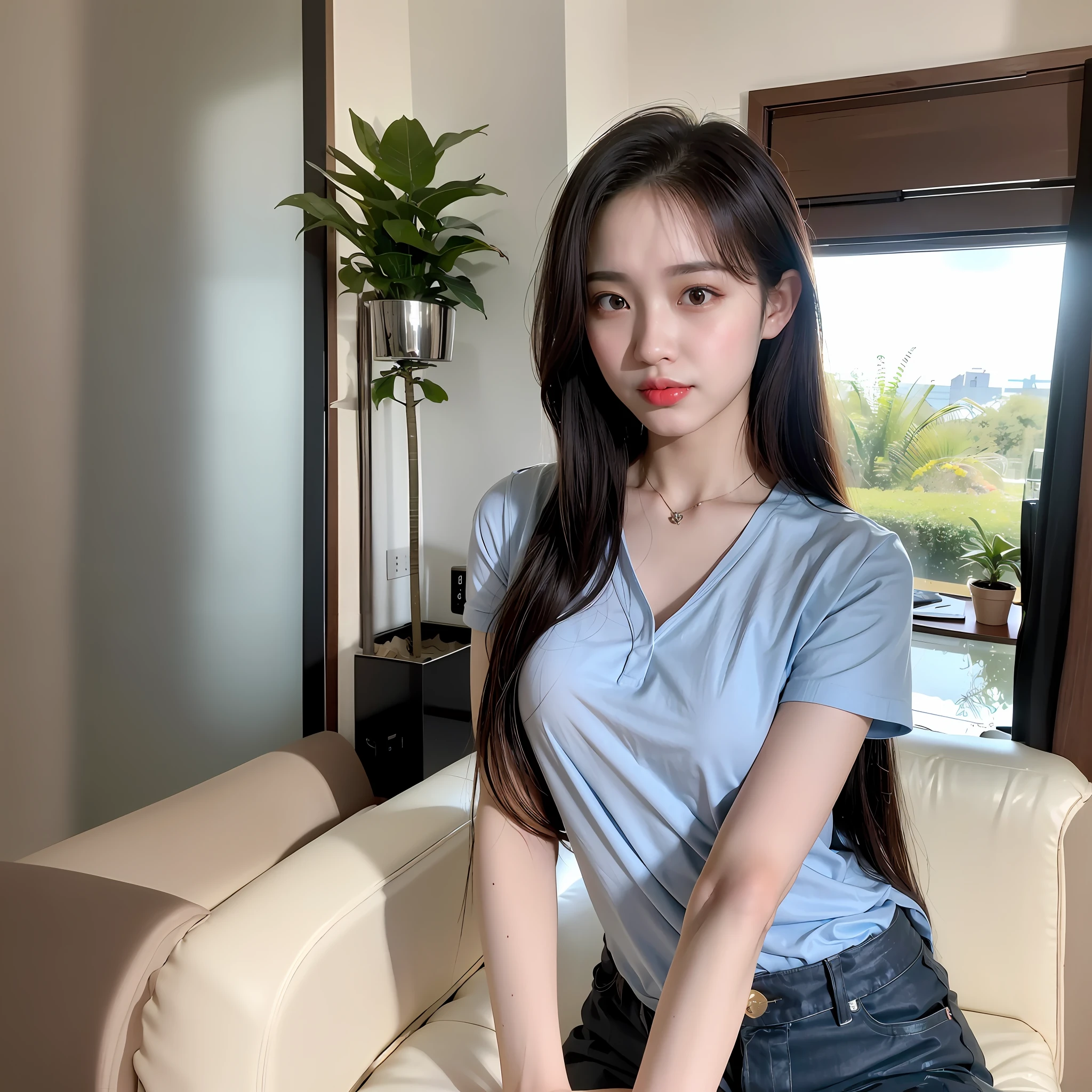 araffe asian woman sitting on a couch in a living room, with long hair, open v chest clothes, blue tight tshirt, wearing v - neck top, gorgeous young korean woman, jaeyeon nam, heonhwa choe, ulzzang, sky blue straight hair, korean women's fashion model, clear lips and high quality, with short hair