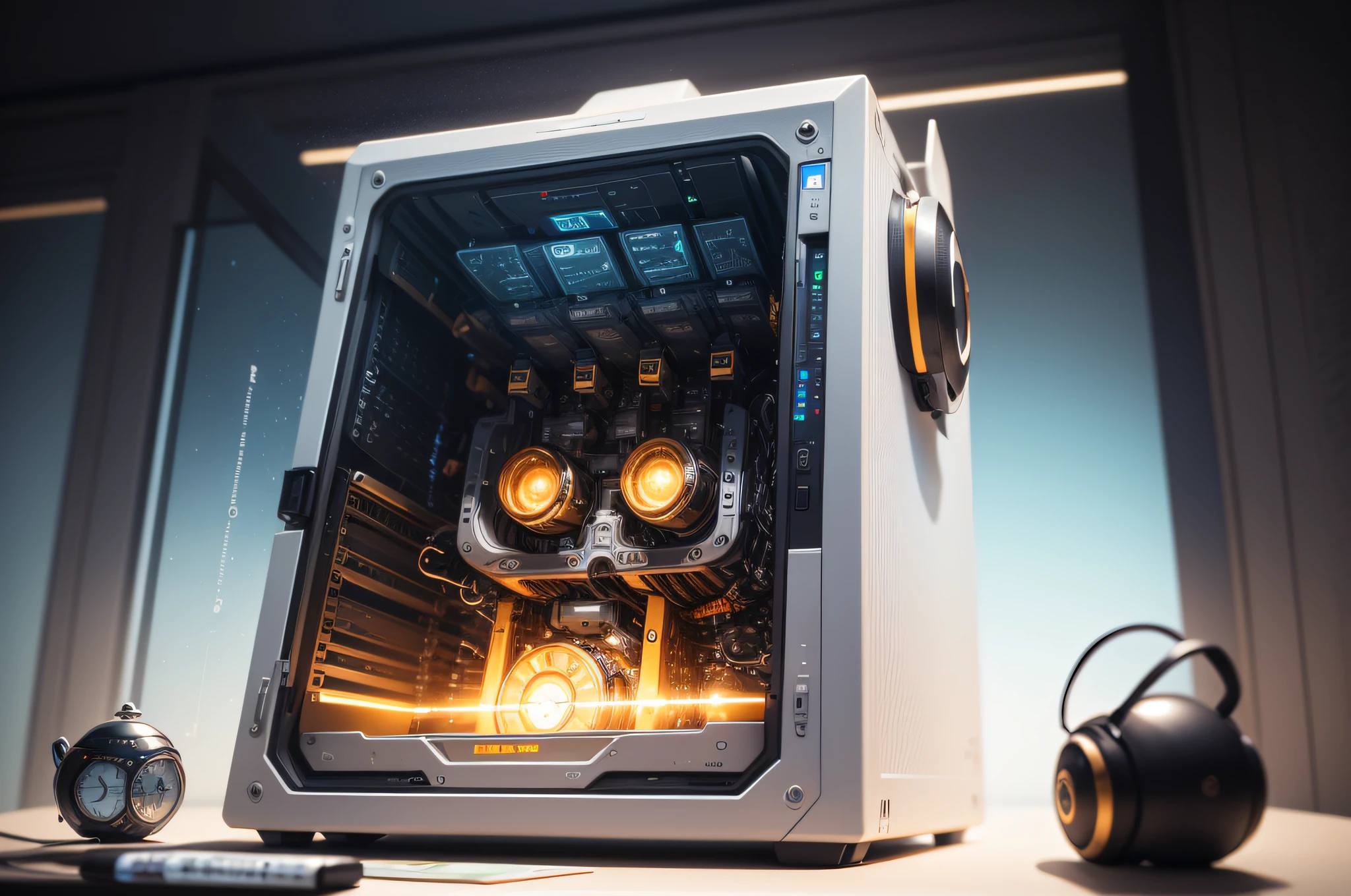 ((photo)), ((best quality)), ((masterpiece)), ((detailed)), a high tech quantum engine lightdrive computer.