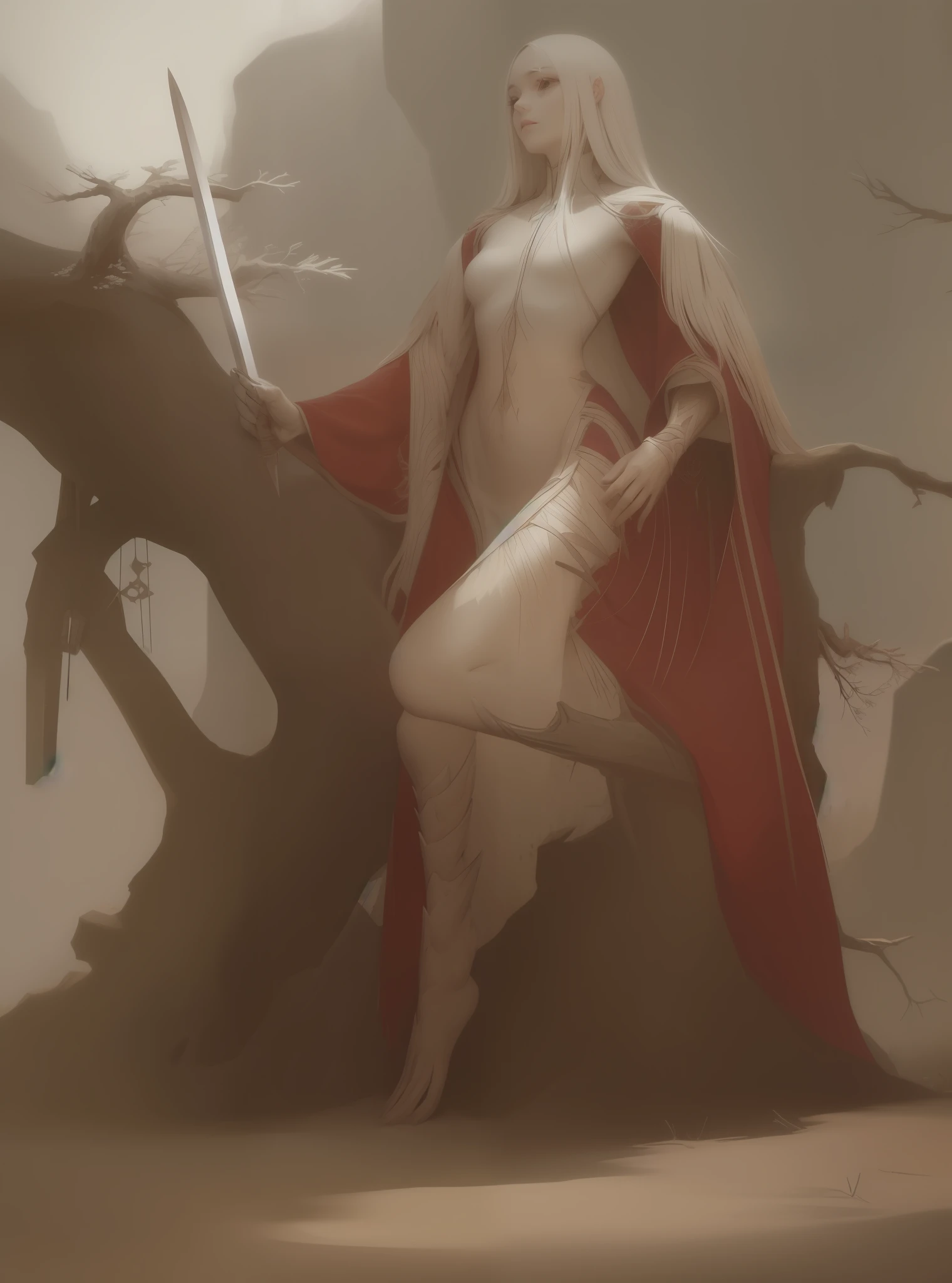 Beautiful woman with a sword in hand by a dead tree, precise body structure, anatomically correct, ccurate, white skin, red clothes, rocks on the ground, white bones, dead trees rough and mottled, the background has many pointed peaks, layers of strange mountains, bright and natural, cool colors. Photographic Effects, Best Quality, Masterpiece, Ultra High Resolution, (True:1.4), Original Photo, 1girl, (Small Breasts)