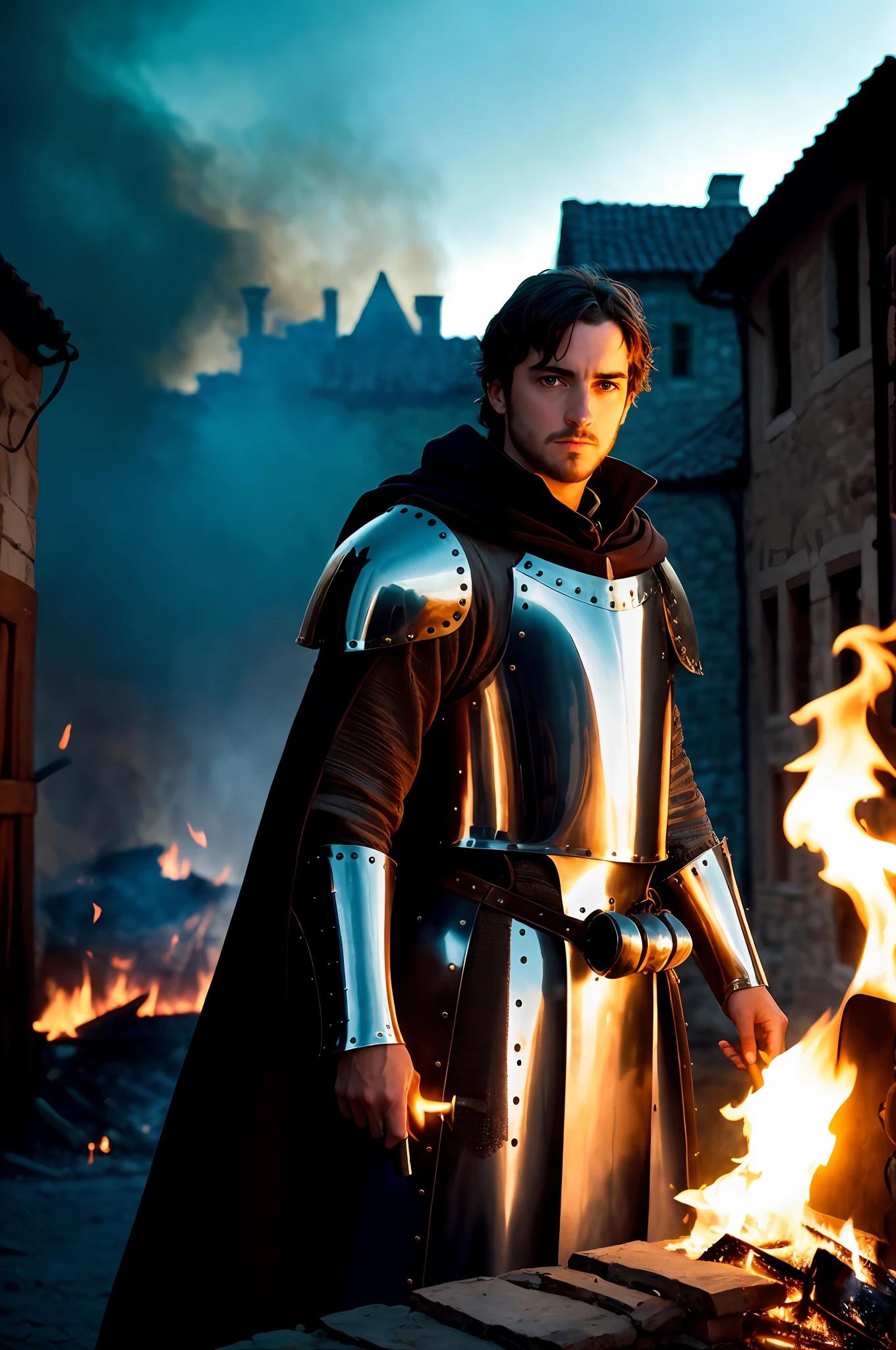 there is a man in armor standing in front of a fire, richard iv the roman king photo, ana de armas as joan of arc, as a medieval fantasy character, arsen lupin as a paladin, richard iv the roman king, dressed as a knight, emma watson as a knight, paul atreides, attractive male with armor, medieval knight