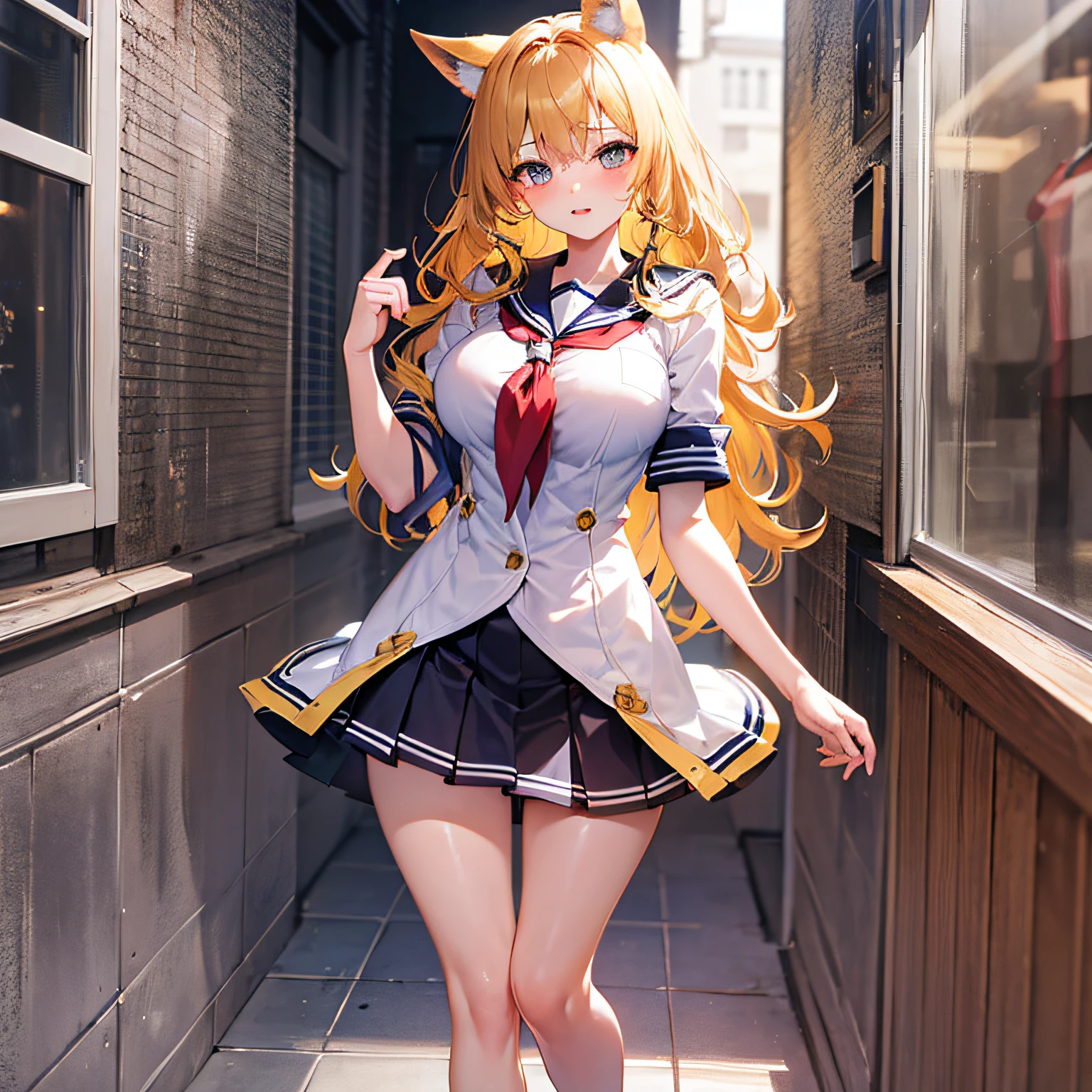 Absolutely beautiful fox charmer, perfect slim body, mature, yellow hair, large curly hair, sailor suit, sexy and seductive, beautiful face, full body portrait, standing pose, 4K picture quality, big body, feminine expression, blush shyness, deep eyes, huge breasts, short skirt