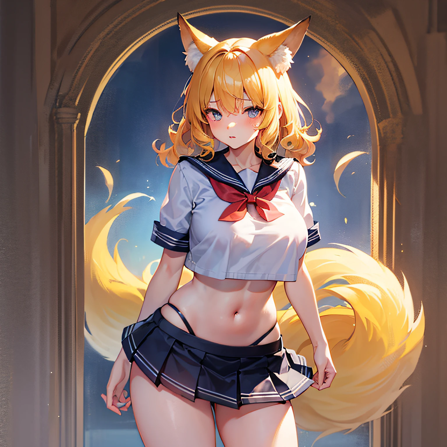 Absolutely beautiful fox charmer, perfect slim body, mature, yellow hair, large curly hair, sailor suit, sexy and seductive, beautiful face, full body portrait, standing pose, 4K picture quality, big body, feminine expression, blush shyness, deep eyes, huge breasts, short skirt