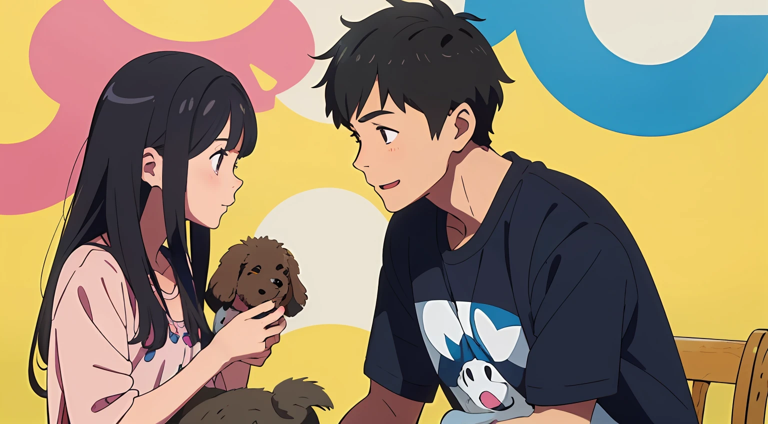 Short-haired boy in blue clothes on the left, long-haired girl in pink clothes on the right, girl holding a little rabbit, and a puppy next to her, happy, the clothes are summer clothes, anime style, flat style, graffiti style, two-dimensional, simple, summer --auto