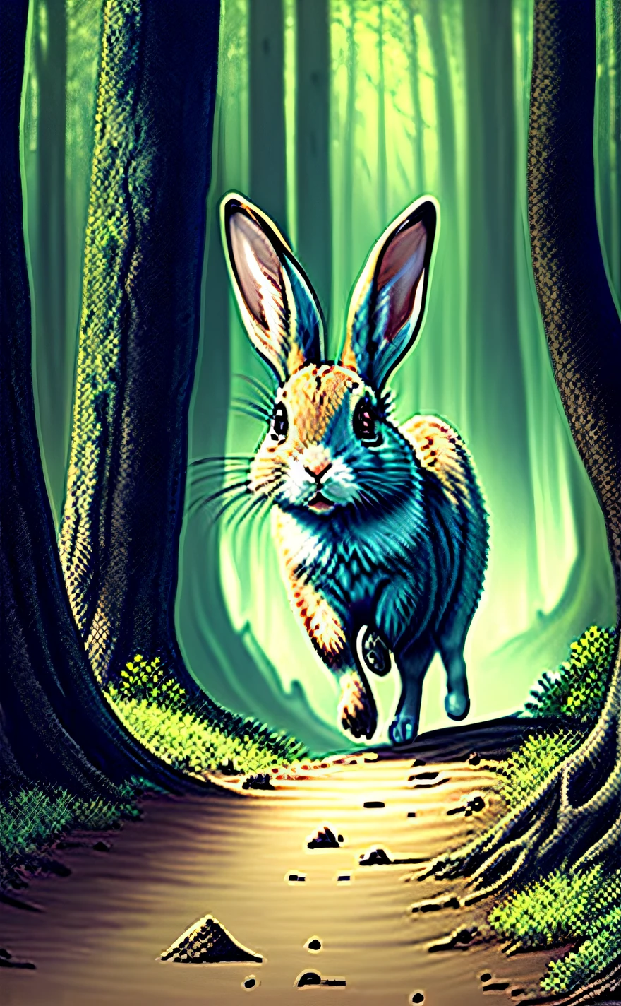 A brave rabbit stepping off a cliff, curious and oblivious to danger. A doglike creature eagerly warns him. A creepy forest looms in the background."