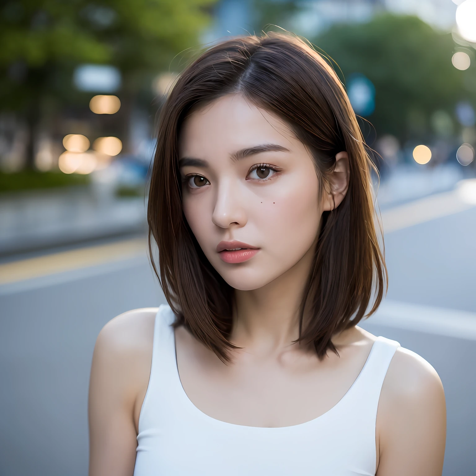 ((Realistic lighting, top quality, 8K, Masterpiece: 1.3)), Clear Focus: 1.2, 1 Girl, Perfect Figure: 1.4, ((Dark Brown Hair)), (White Crop Top: 1.4), (Outdoor, Night: 1.1), Street, Ultra Slender Face, Narrow Eyes, Double Eyelids, Profile, Left-facing, Face Focus