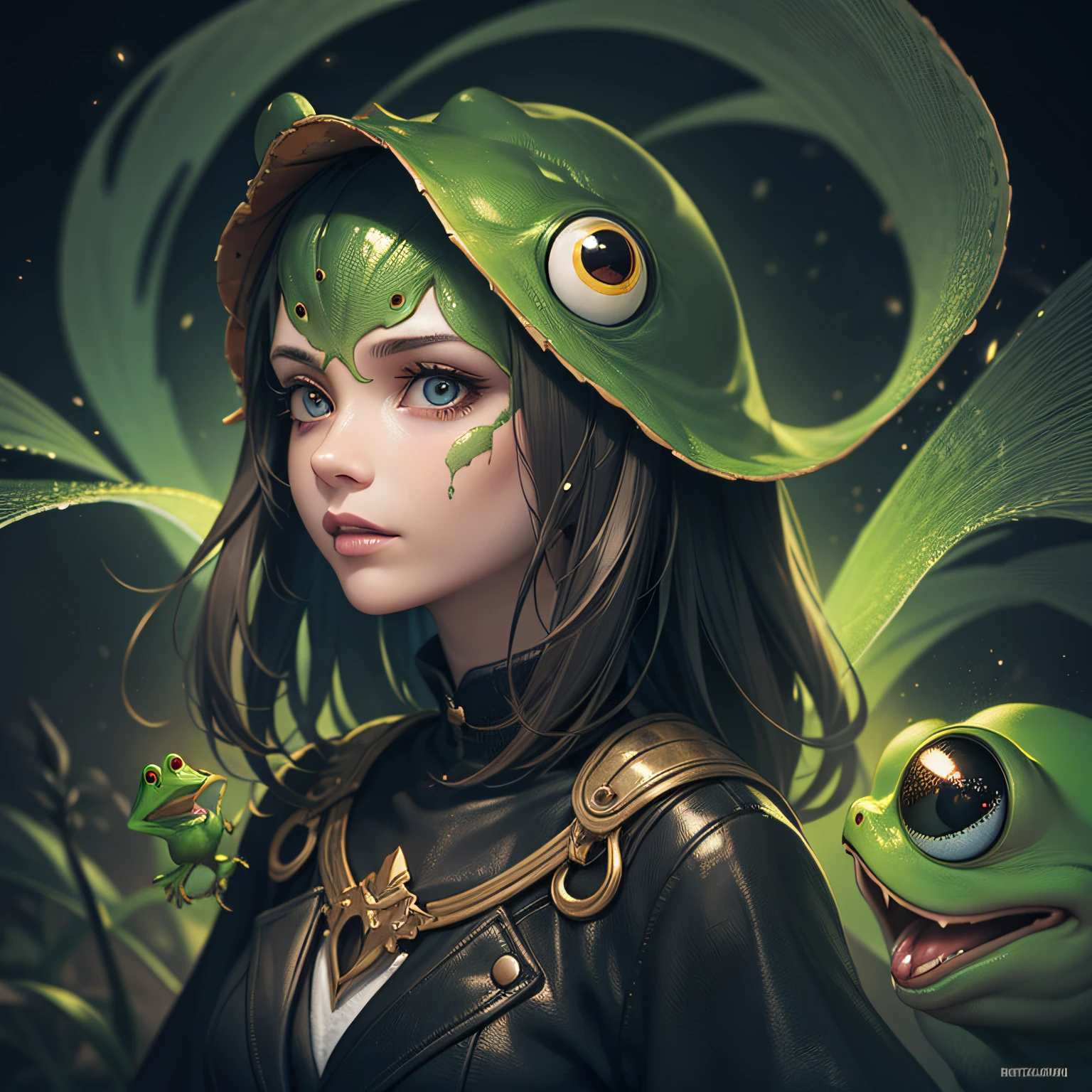 Creature, with woman's head and frog's body, dark, psychedelic, black background