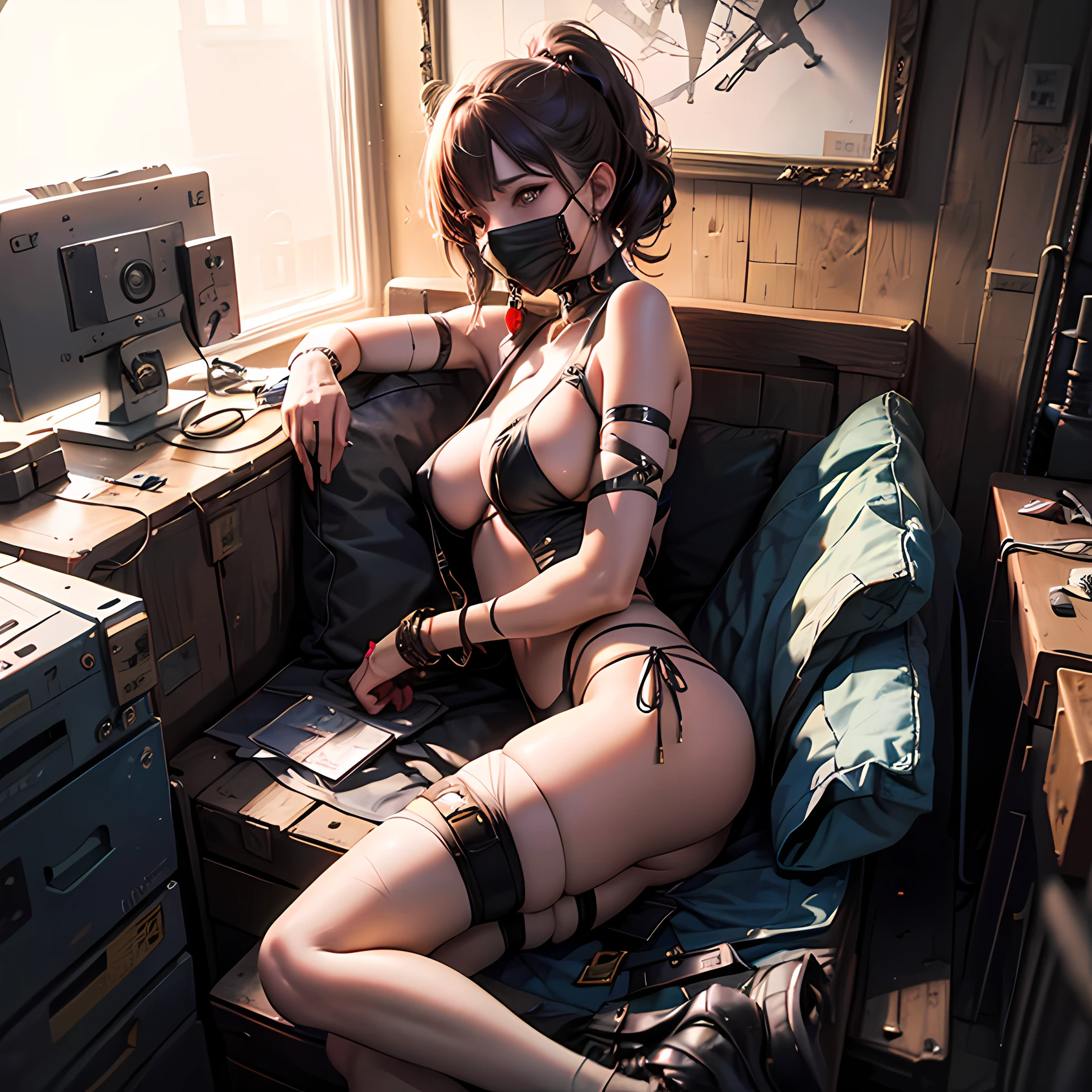 nipple ring,NippleClamps, (tape gag:1.1),(((scared, teary, angry, surprised, ))),((1girl lying in box, balck hair, girl in box)), (Curl up, from side, side view, from above, bound arms, arms behind back, ), , short twintails, Pigtail, hair ornament, hair accessories, hair ribbon, eyepatch, nsfw, bdsm,, hentai, patch, blinker, nipple_cover, covered, (((mouth covered,Oral plug))), 
large breasts,,, (girl in gift box), full body, from above, 8k, RAW photo, best quality, masterpiece:1.2, (realistic, photo-realistic:1.3), bondage, in box, 1girl, solo, bound, box, ribbon, looking at viewer, blush, toy, breasts, lying, hair, gift,,, naked ribbon, christmas, gift box, bound wrists, ribbon bondage,
(best quality, highres, photorealistic, raw, 8k,masterpiece, ),best quality, masterpiec8K.HDR. highresabsurdres:1.2, film grain, blurrybokeh:1.2, lens flare, (vibrant color:1.2), (delicate), --auto