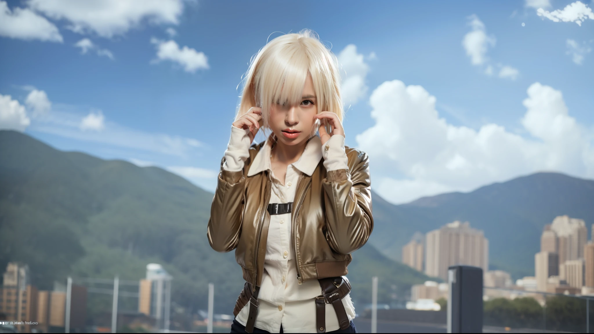 1girl, blonde hair, brown jacket, 70mm, realistic, ultra detailed