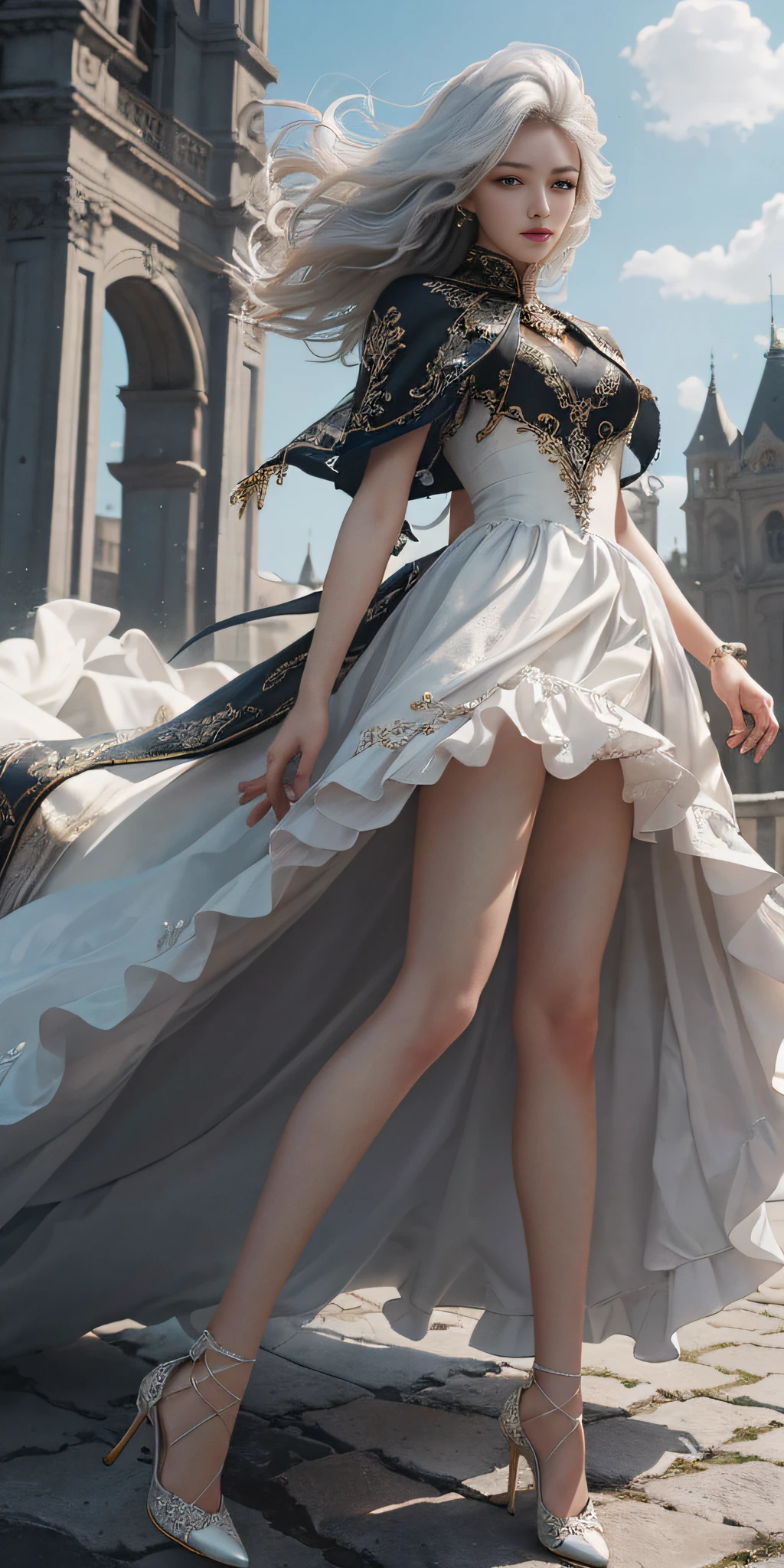 (8k, best quality, masterpiece: 1.2), (realistic, photorealistic photorealistic: 1.37), best quality, masterpiece, unity, extremely delicate beauty, pure wind desire, ([cape: fur decoration: 0.4] : 1.7), messy hair, hair blown by the wind, (white baroque black dress: 1.1), very detailed, amazing, fine details, masterpiece, best quality, official art, absurdity, high heels, slender legs, super detailed, high resolution, very detailed, beautiful meticulous girl, extremely detailed eyes and face, beautiful detail eyes, face light, white hair, Hallyu idol,