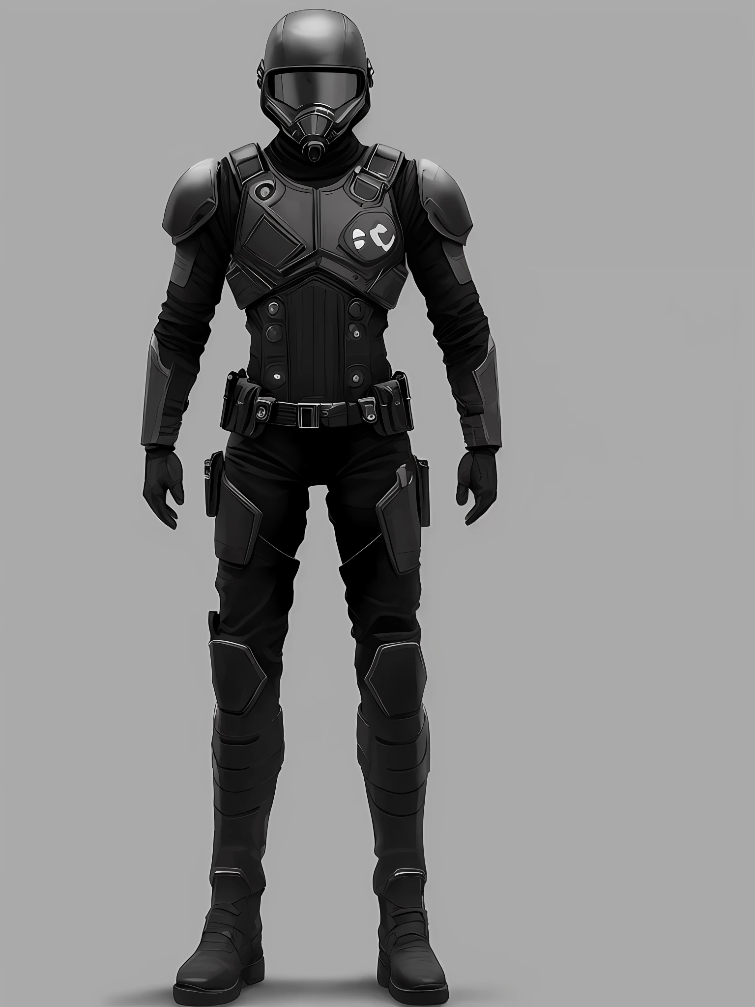 SCP Foundation Super Soldier, in a black metallic suit, with a black helmet with a yellow visor, concept art, full body, realistic, ultra realistic, white background