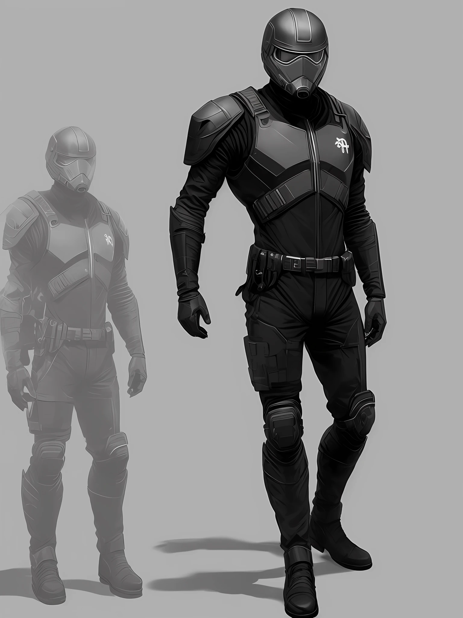SCP Foundation Super Soldier, in a black metallic suit, with a black helmet with a yellow visor, concept art, full body, realistic, ultra realistic, white background
