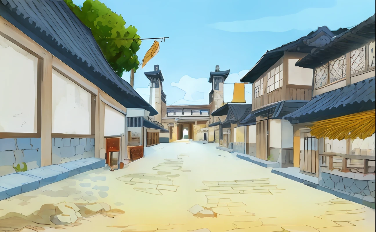 cartoon illustration of a street with a lot of buildings and a clock tower, town center background, town background, japanese town, renaissance port city background, medieval city background, feudal japanese setting, background art, ancient city landscape, anime style cityscape, city street view background, anime background art, japanese village, 2 d game environment design, chinese village, japanese street
