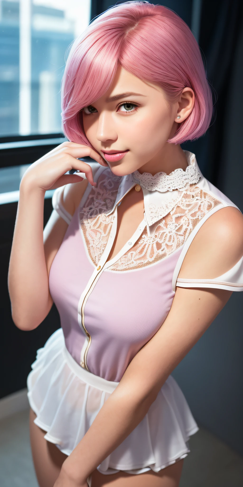 (64K, UHD, top quality, masterpiece: 1.2), (realistic, photorealistic: 1.37), super detailed, girl 1 person, cute, beautiful detailed station, detailed wicket, face close, (nose blush), (smile: 1.15), (kissing mouth), big, tiger-like face, beautiful fine eyes, (shirt with collar: 1.1), night, office clothes, white lace, (short hair: 1.2), (pink hair, Purple Eyes), Floating Hair NovaFrogStyle,