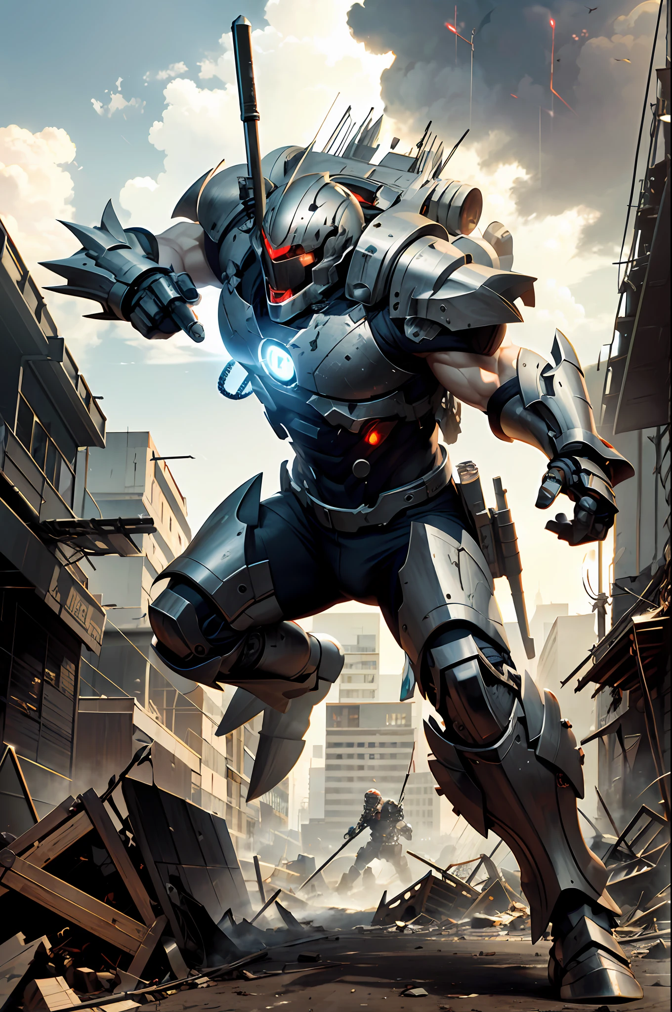 a futuristic hardcore mechanical warrior, battle scene, huge city ruins, smoke, dust, wreckage, skyscraper collapse, black clouds, lightning, solid armor, metal plates, mechanical parts, cold light, red eyes, superhuman strength, speed, giant weapon, explosion, destruction, agility, precision pace, hand-to-hand combat, metal collision sound, smooth action, gorgeous, clash, tension, sense of power, sense of speed, destructive power, aesthetics,, best quality, masterpiece, super high resolution, intricate details, 8K resolution, Photorealistic, Realistic 1.4, HDR, (High Light Glow: 1.2)