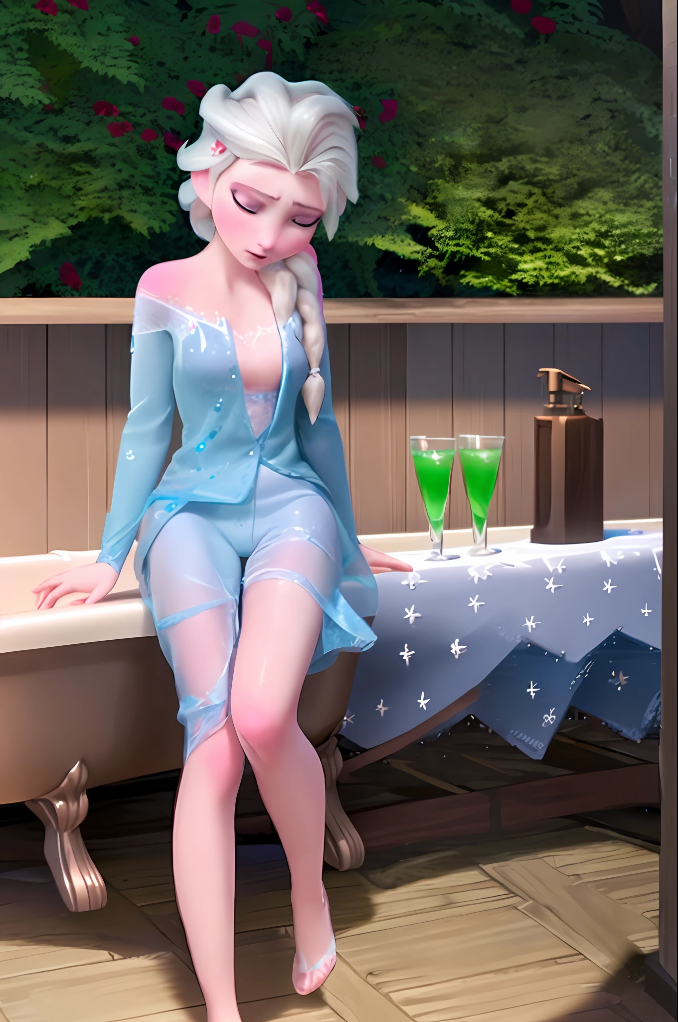 NSFW (masterpiece), (best quality), (pixiv), best lighting, (elsa of arendelle:1), sad, single_braid:1.3), legs apart, on the back, torn bath suit, facing the viewer, nsfw, (extremely detailed CG unity 8k wallpaper), juice,
