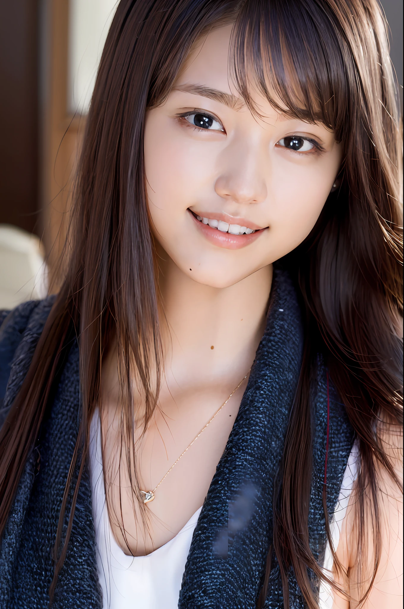 (8k, RAW photo, highest quality, masterpiece: 1.2), (realistic, photorealistic: 1.37), ultra detail, ultra high resolution, girl one, beholder, beautiful detailed face, smile, teeth, (feather cut: 0.6), high school girl, professional lighting, detailed room, indoor, face close-up photo