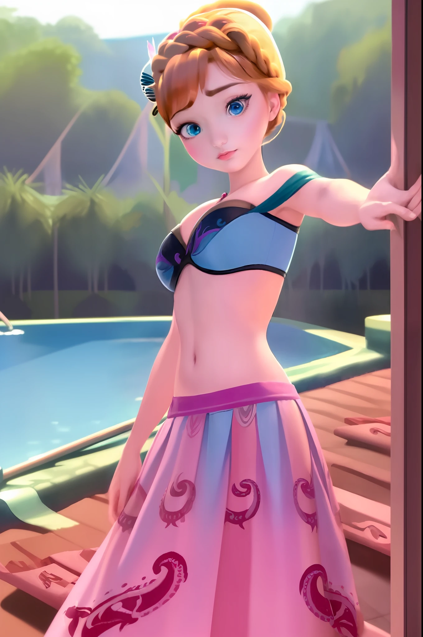 (masterpiece:1.4), (best quality:1.4), (high resolution:1.4), Anna d'Arendelle, in a pool,blue eyes, bare shoulder, bikini top, torn pink skirt, updo, looking at the viewer, sad, tentacles