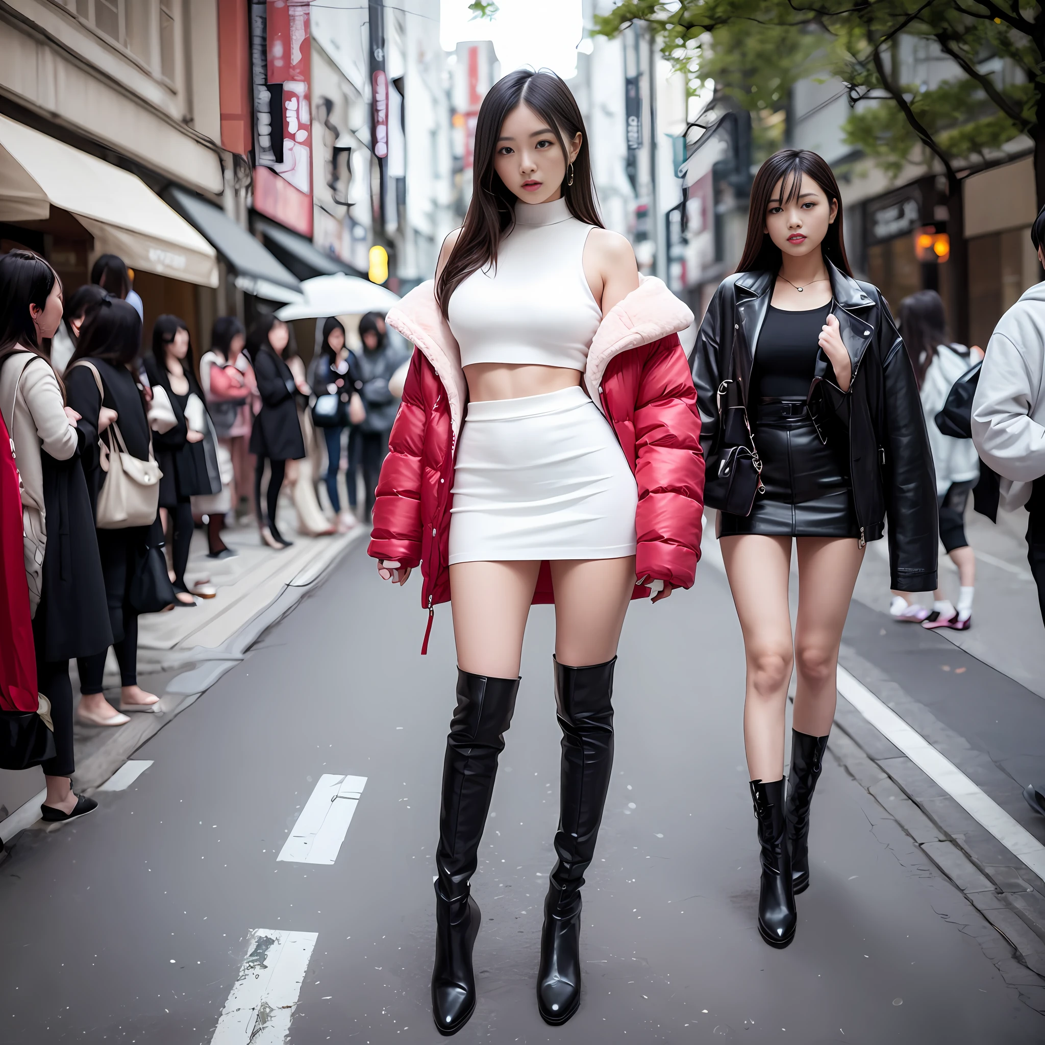 A woman in a white top and black boots standing on the street, Chinese female fashion model, white fluffy clothes, short skirt and long jacket, Japanese city street fashion, black pink Rosan Park, she wears streetwear, Japanese street fashion, Tokyo fashion, street dress woman in jacket and skirt, street fashion, Harajuku street fashion, beautiful woman walking in the wind, black gloves, over-the-knee red boots, tall, long legs, perfect body proportions, thin waist, black suspender stockings, tall, Slender body, nine-headed body, big eyes, beautiful and exquisite face, perfect body details, perfect body proportions, perfect visual proportions, fashion shooting, glamorous, feminine, delicate, highlighting female curves, subtext: sexy, confident. Chinese woman --auto --s2